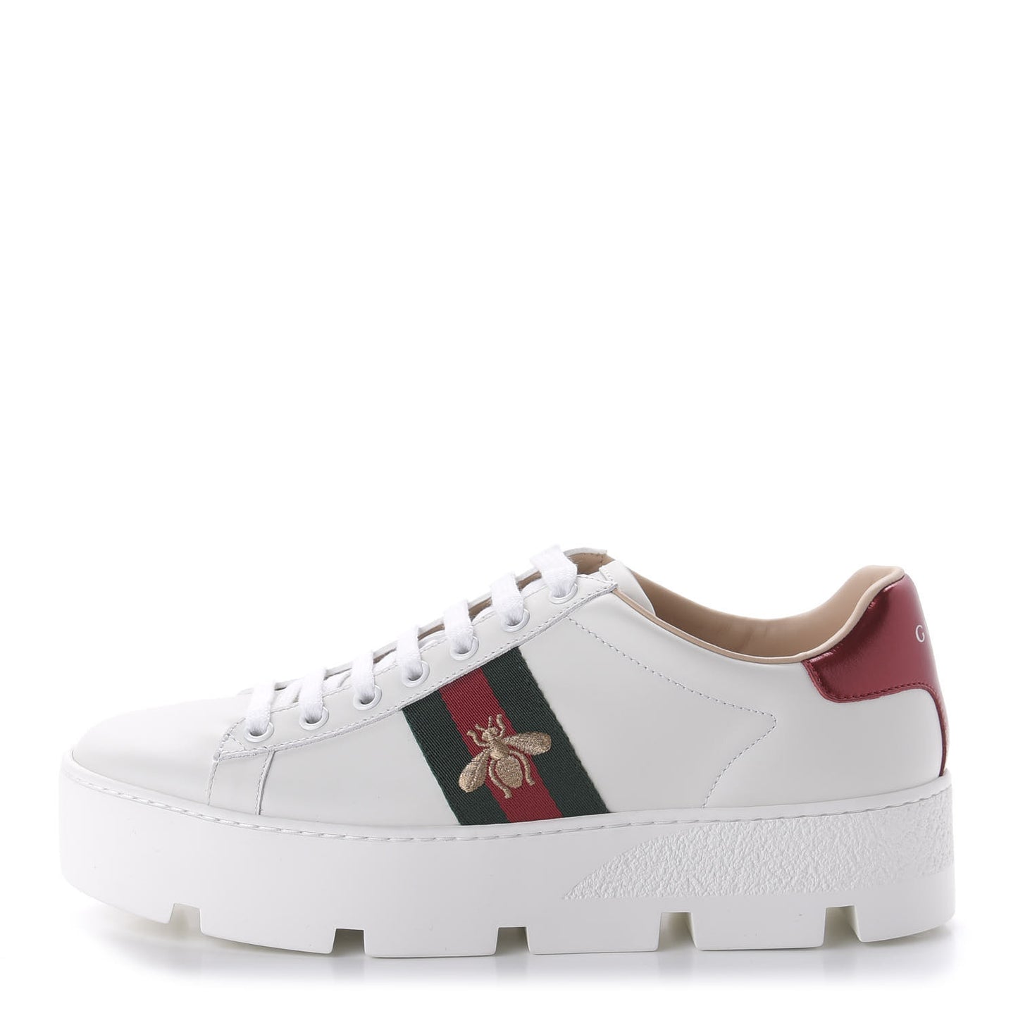Calfskin Web Bee Embroidered Womens Ace Platform Sneakers 38.5 White