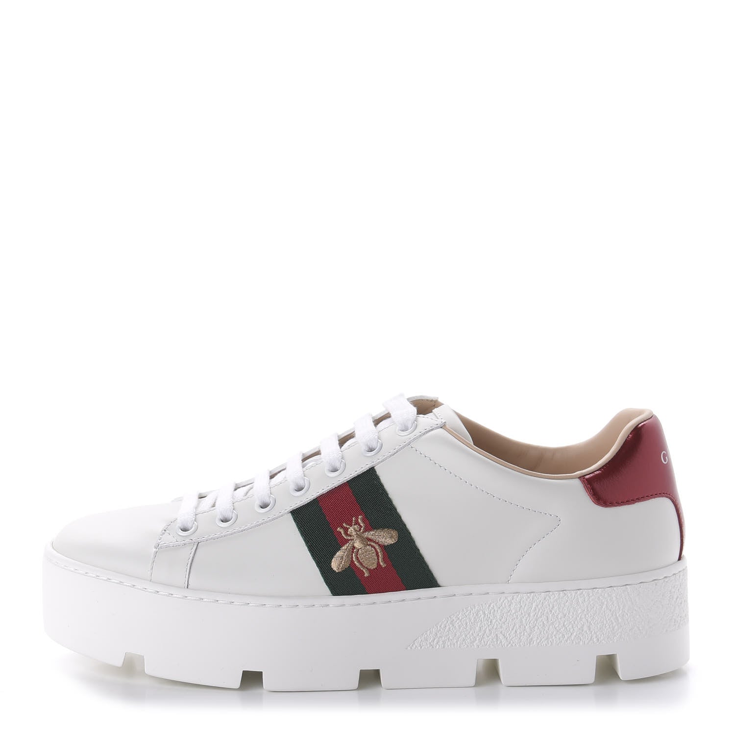 Gucci Calfskin Web Bee Embroidered Womens Ace Platform Sneakers 38.5 White 1 of 9