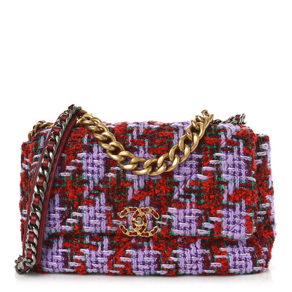 Chanel Tweed Quilted Large Chanel 19 Flap Red Purple Green 1 of 9