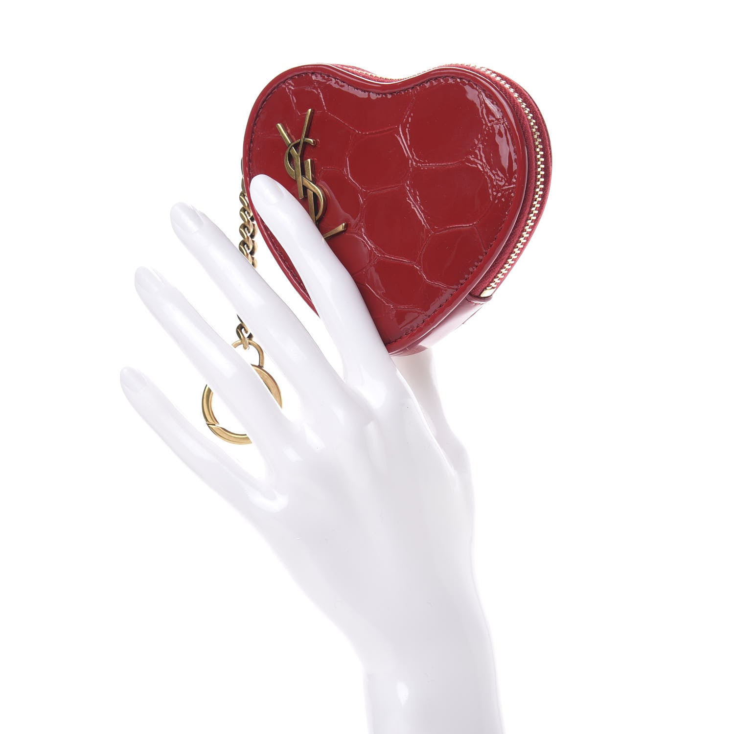 Saint Laurent Patent Crocodile Embossed Monogram Heart Key Pouch Rouge Eros 2 of 9