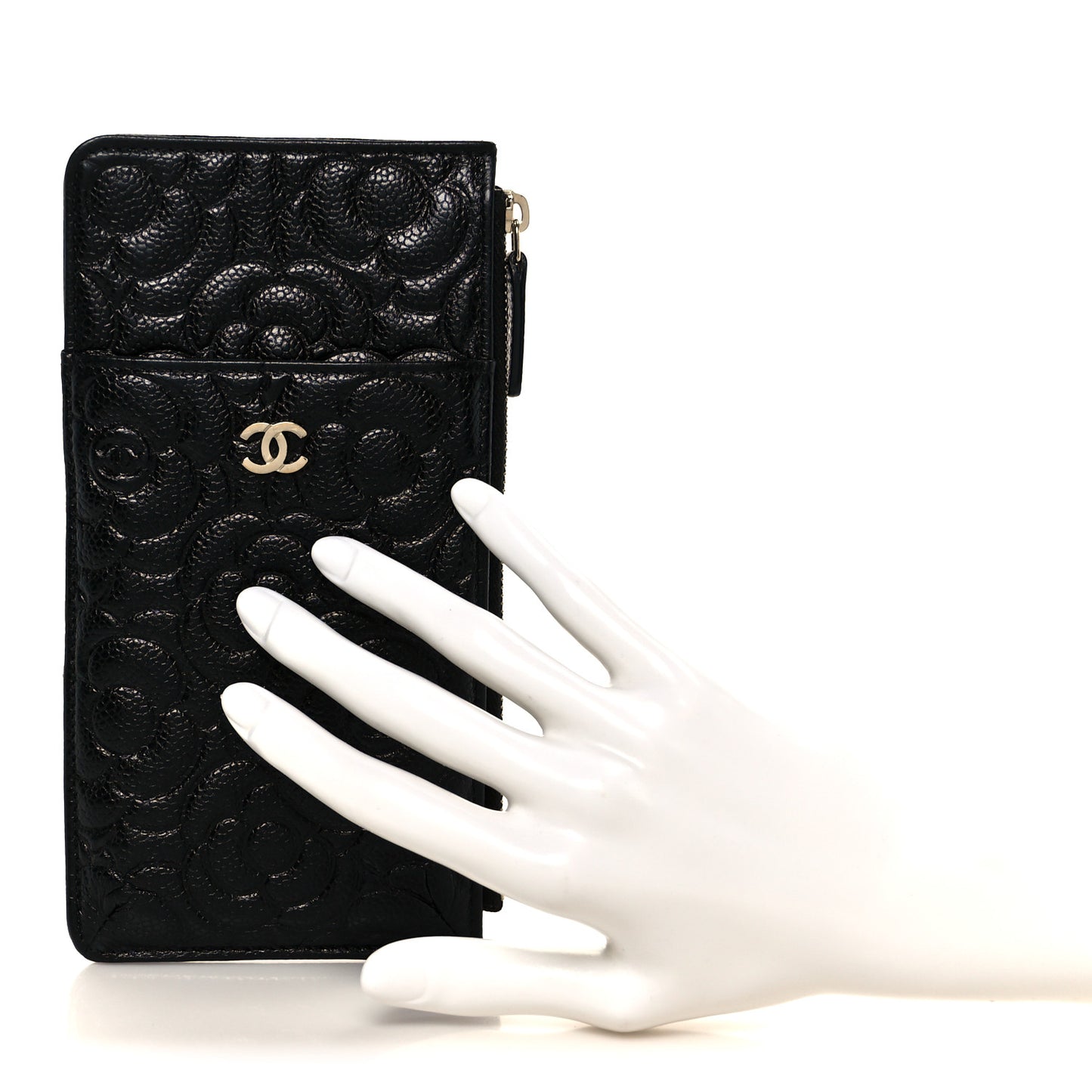 Caviar Camellia Embossed Classic Flat Wallet Pouch Black