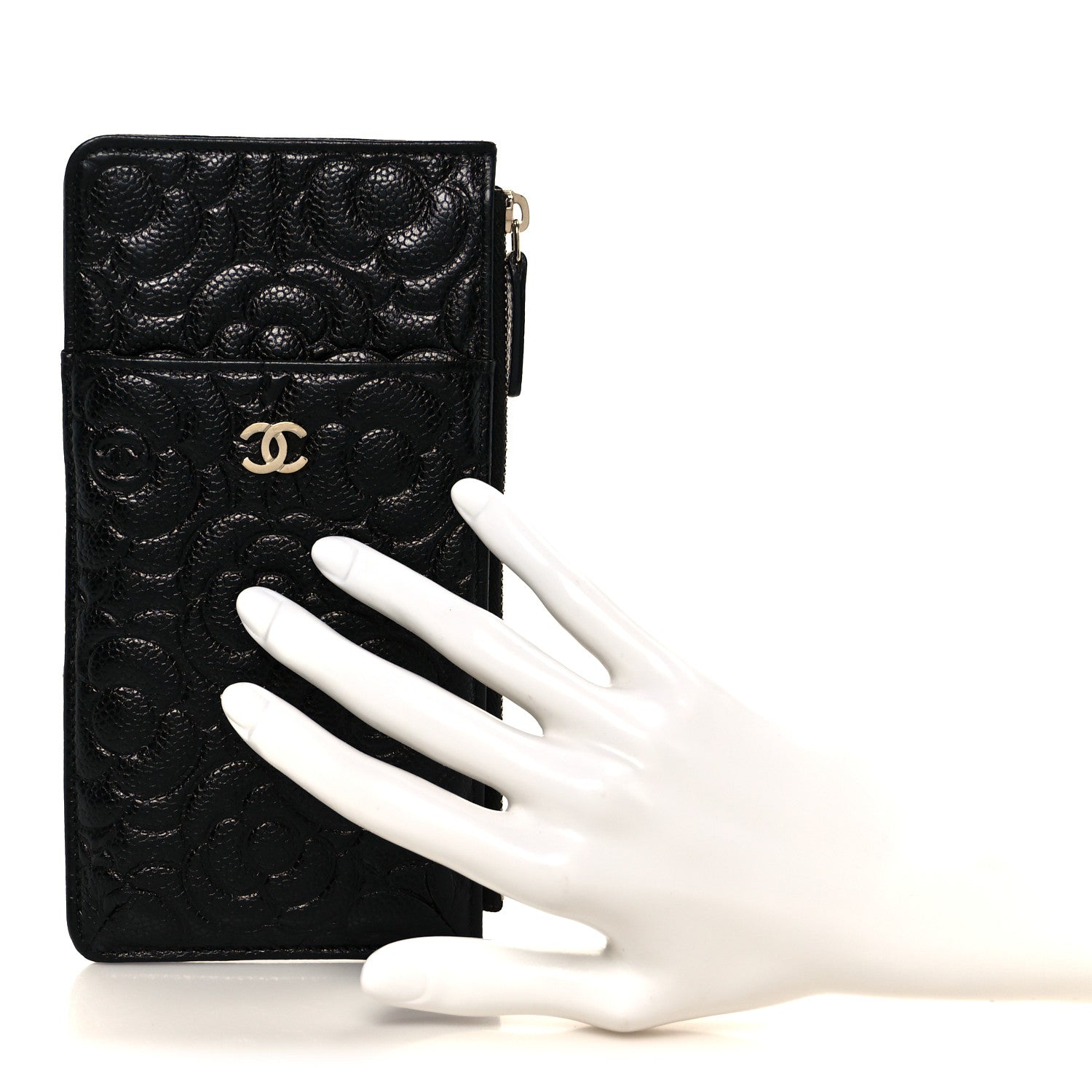 Chanel Caviar Camellia Embossed Classic Flat Wallet Pouch Black 2 of 8