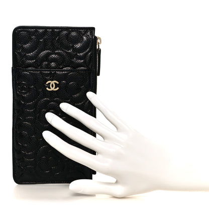 Chanel Caviar Camellia Embossed Classic Flat Wallet Pouch Black 2 of 8