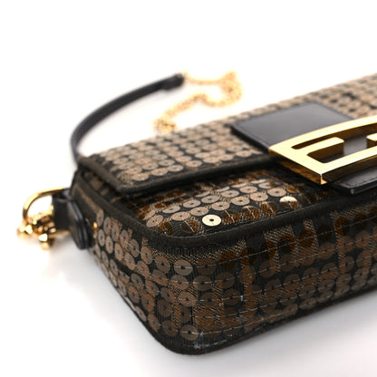 Fendi Fabric Jacquard Paillettes Vitello Seta FF 1974 Mini Baguette Testa di Moro Real Ebano 8 of 9