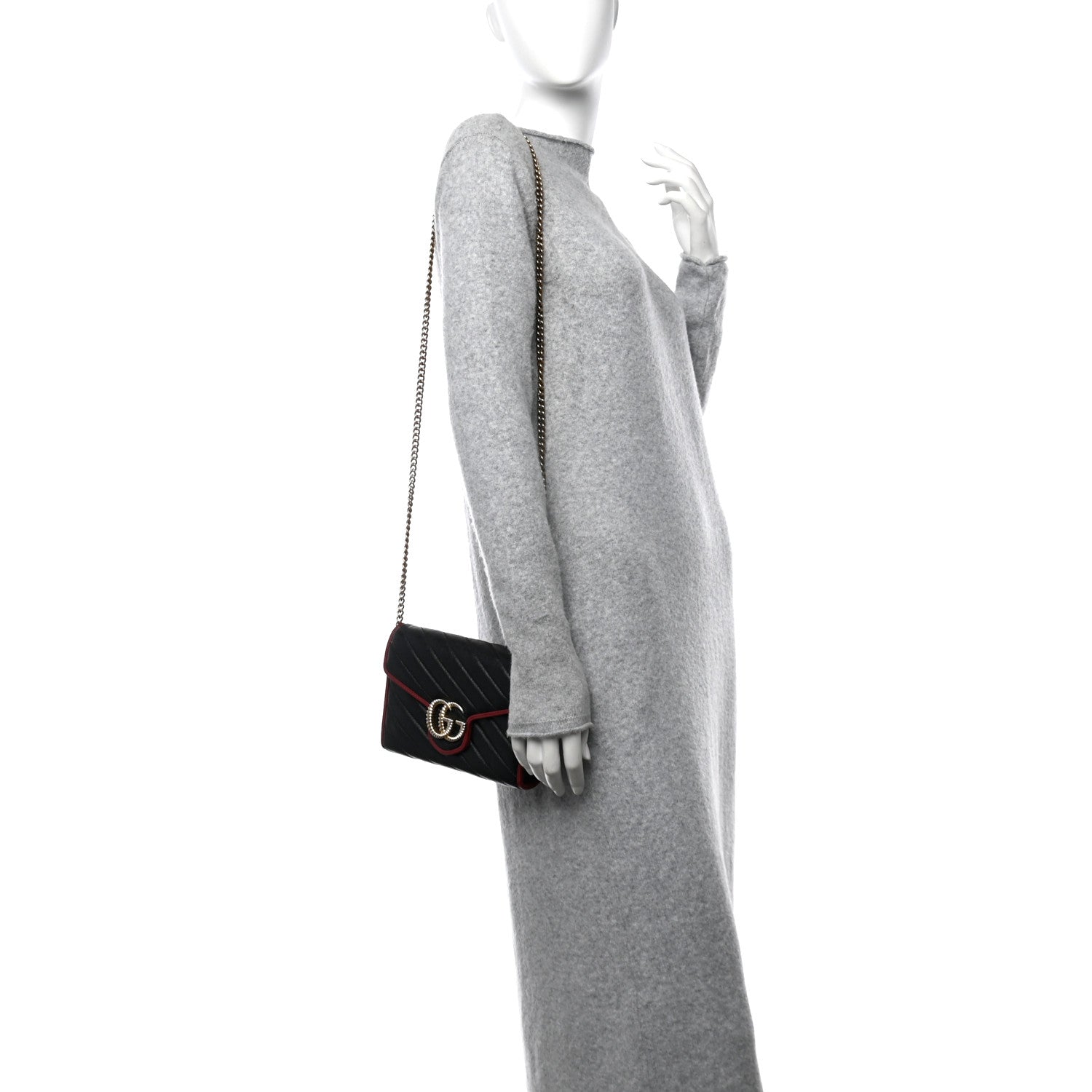 Gucci Vintage Effect Calfskin Matelasse Diagonal Torchon GG Marmont Chain Wallet Black Romantic Cherry 2 of 11