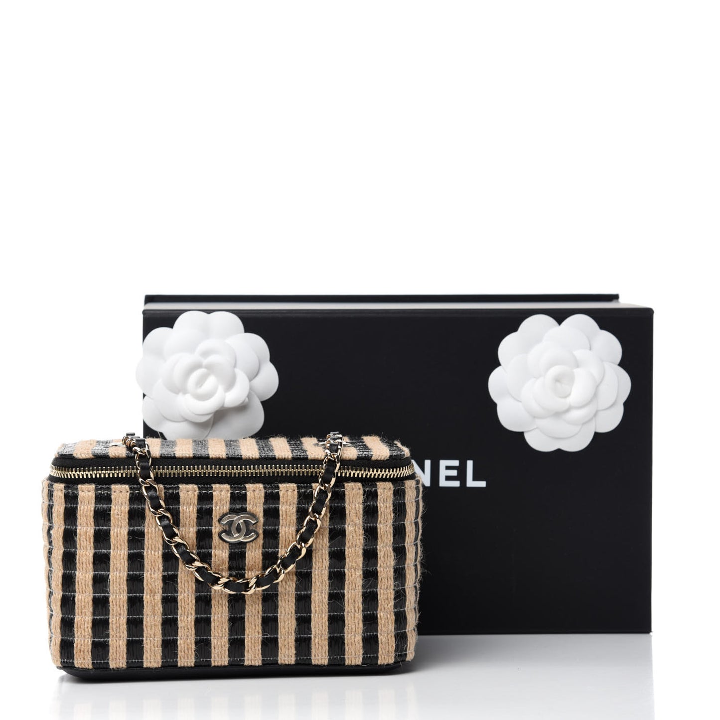 Raffia Jute Striped Small Vanity Case With Chain Black Beige