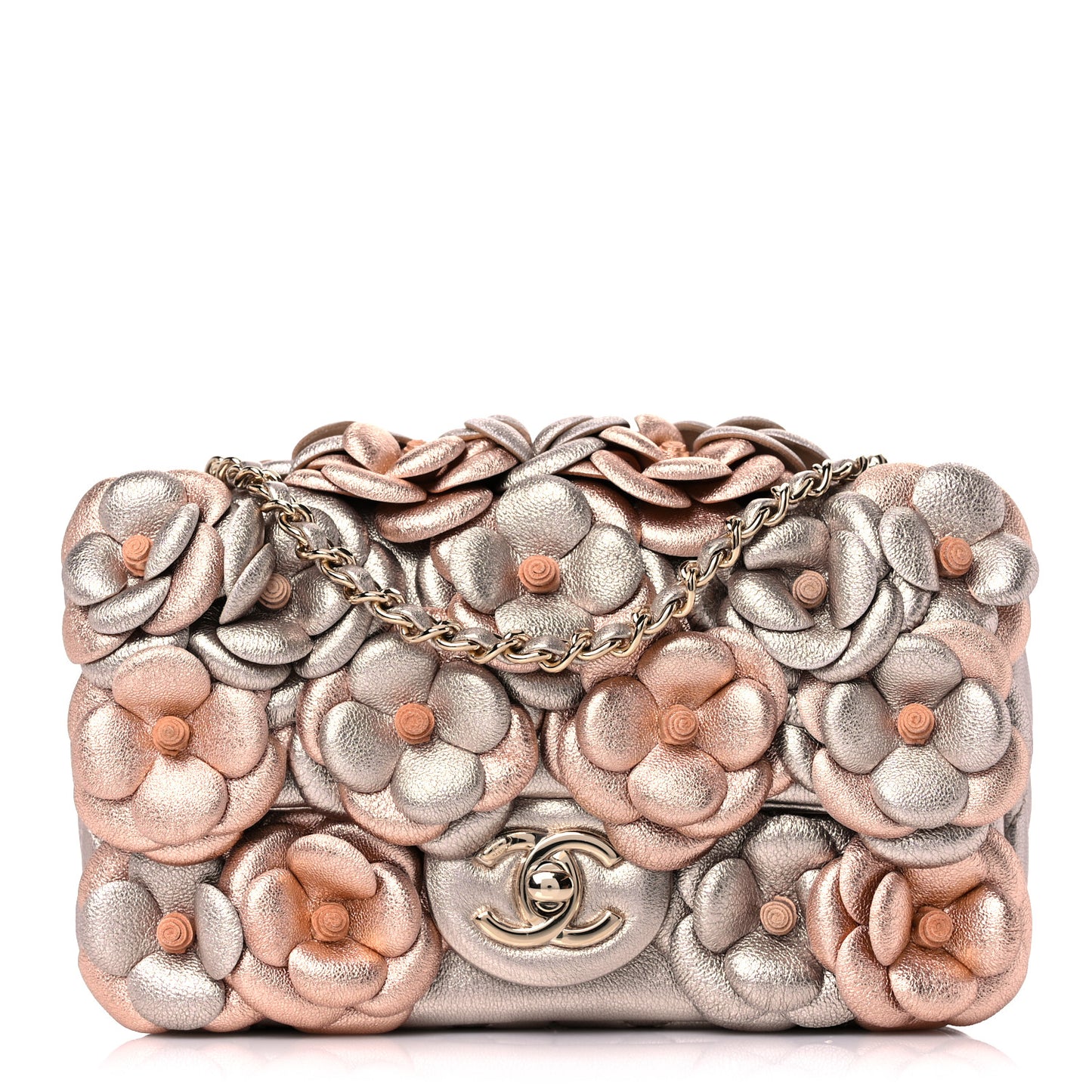 Metallic Lambskin Quilted Mini Camellia Flap Silver Gold