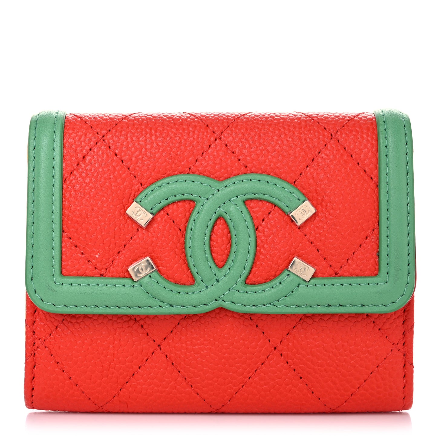 Caviar Quilted Small Filigree Flap Card Holder Red Green Yellow