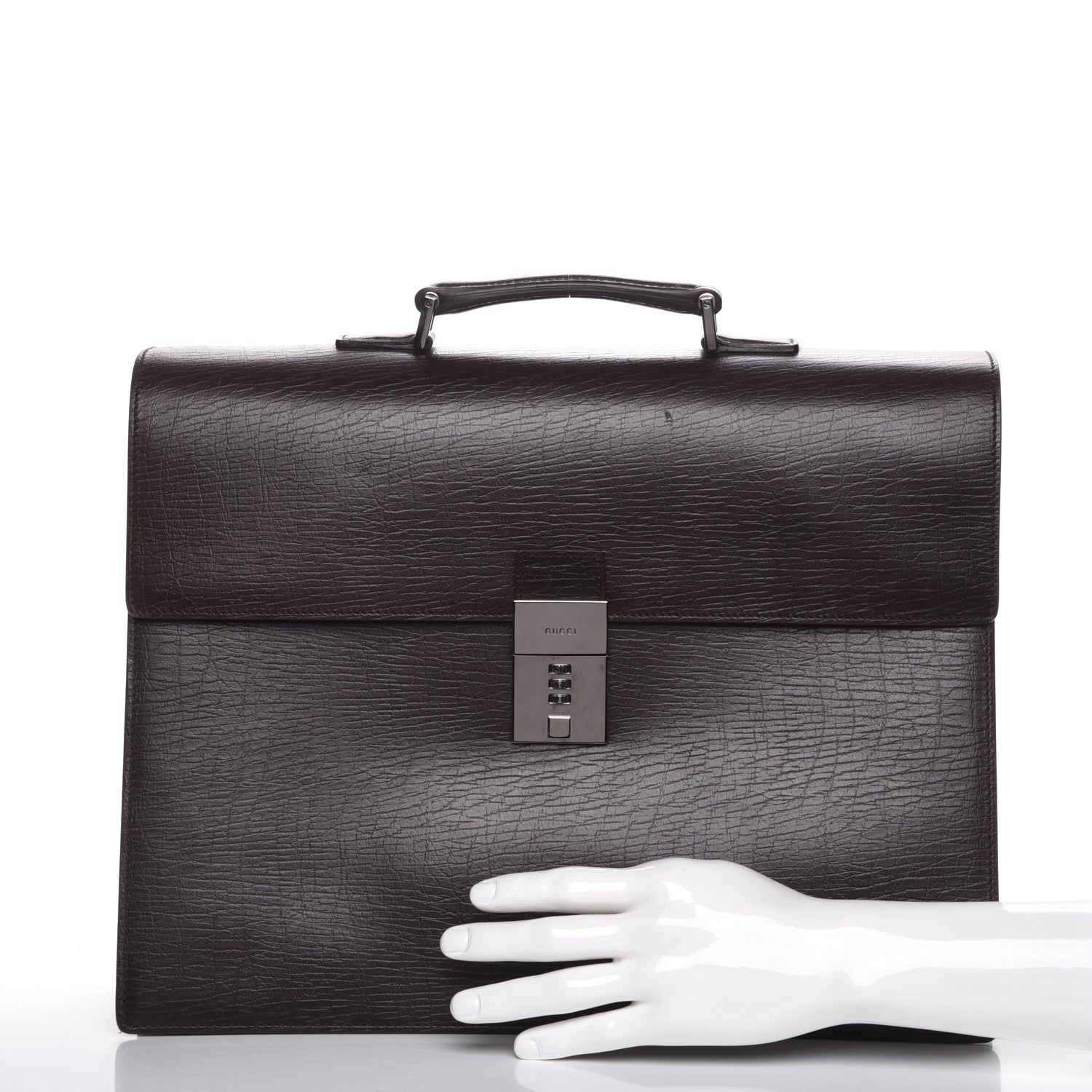 Gucci Calfskin Embossed Gusset Briefcase Brown 3 of 9
