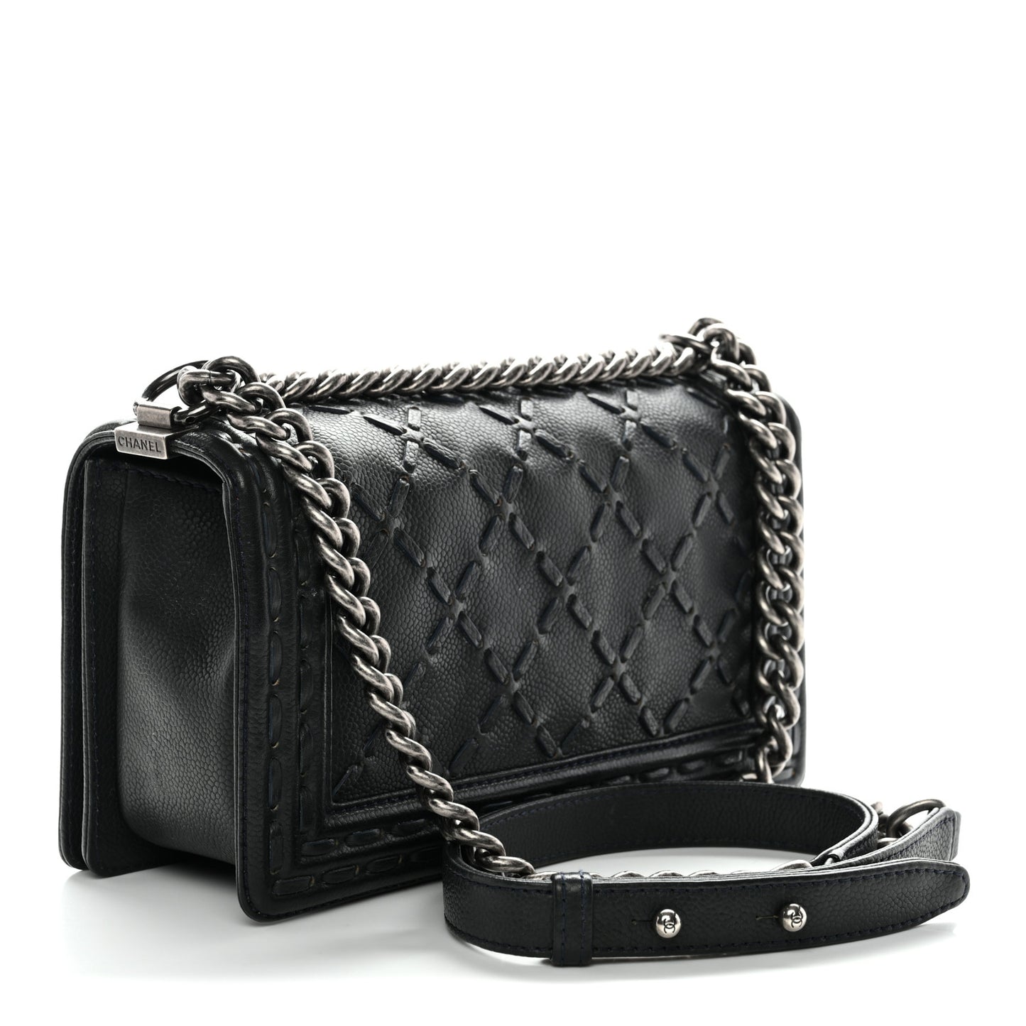 Caviar Stitched Medium Boy Flap Blue