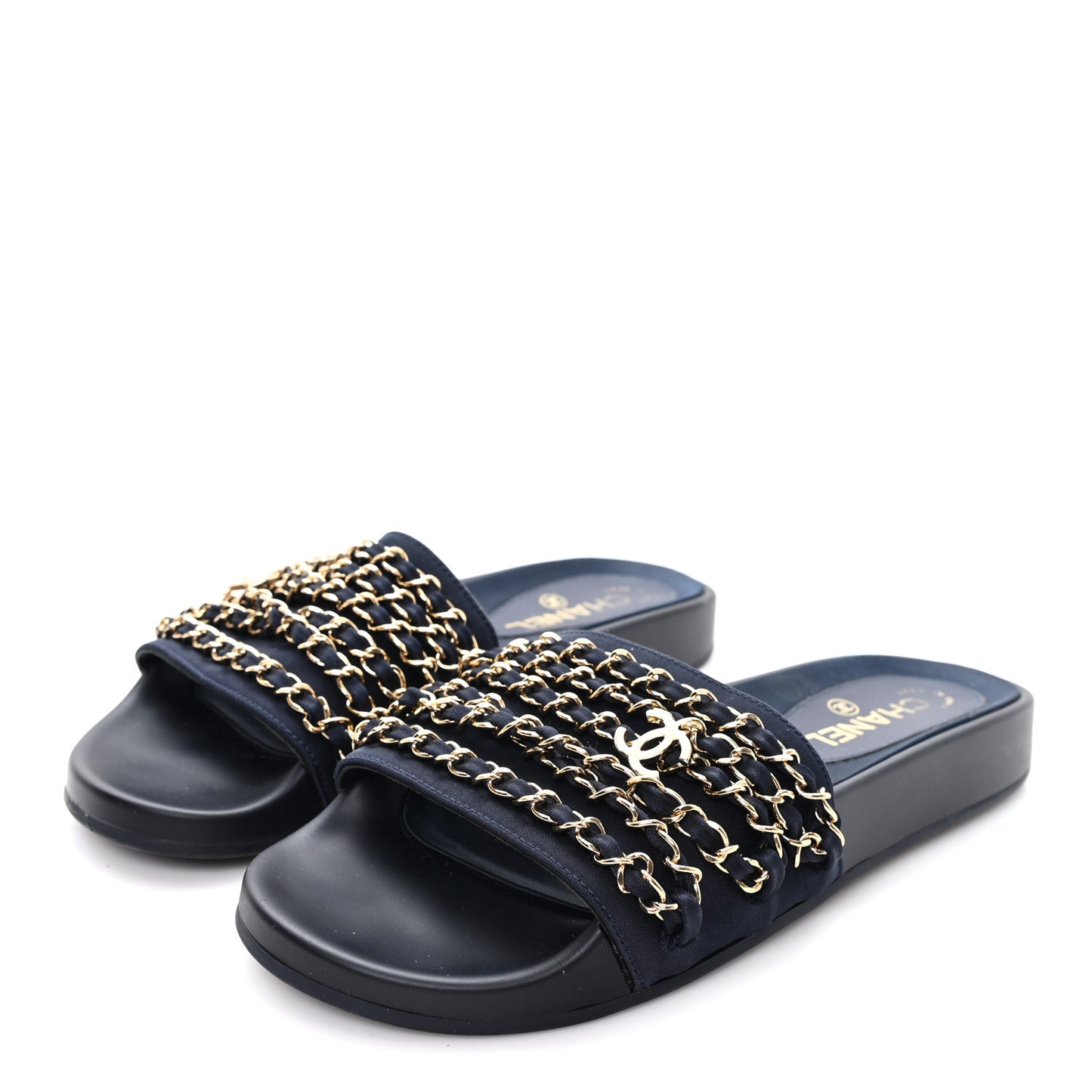 Satin Canvas Chain Slides Sandals Flats 38 Marine