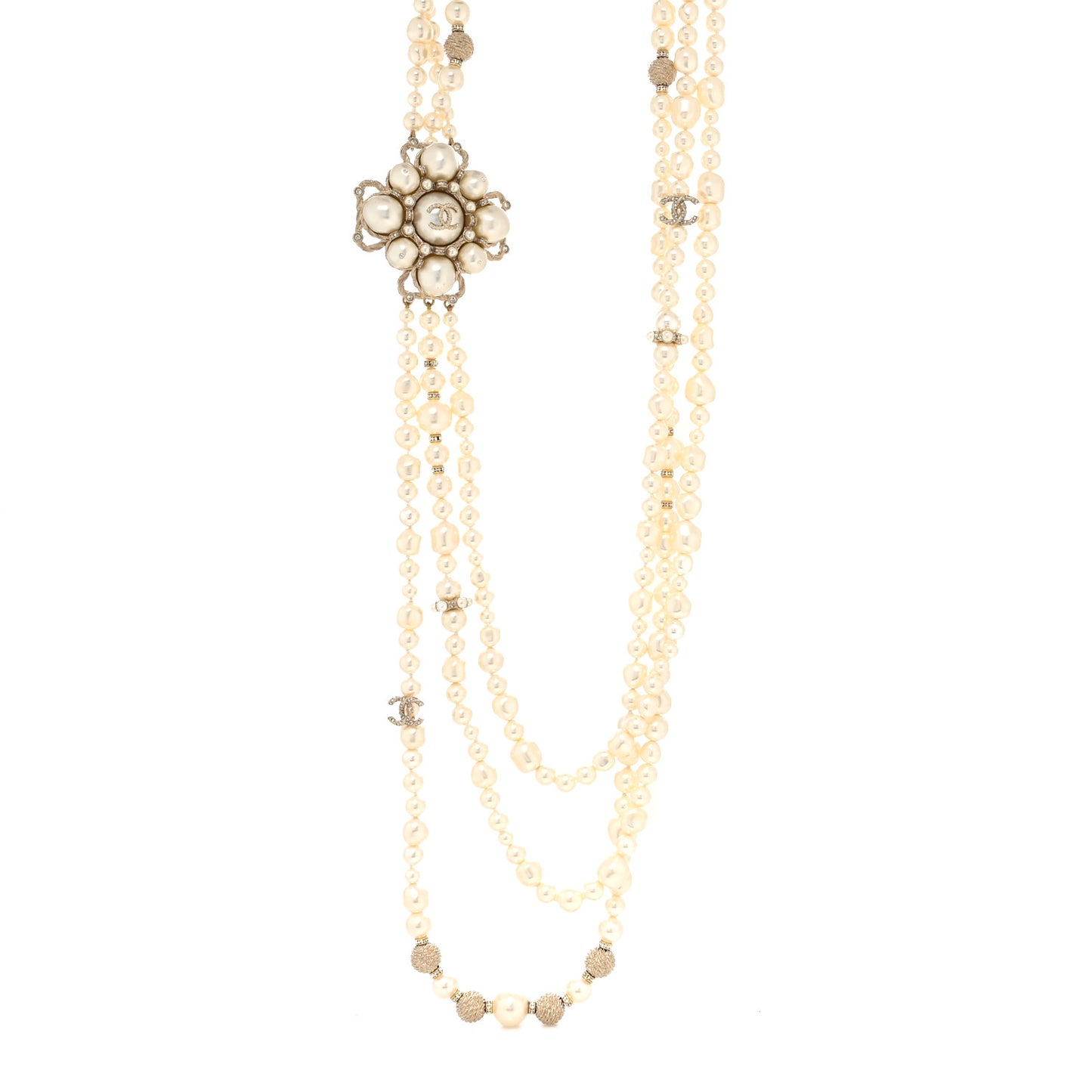 Pearl Crystal CC Multi Strand Necklace Gold