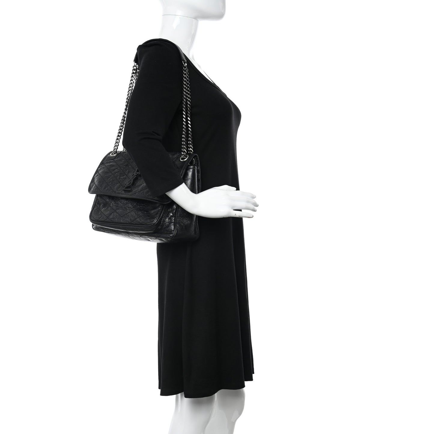 Crinkled Calfskin Matelasse Monogram Medium Niki Chain Satchel Black