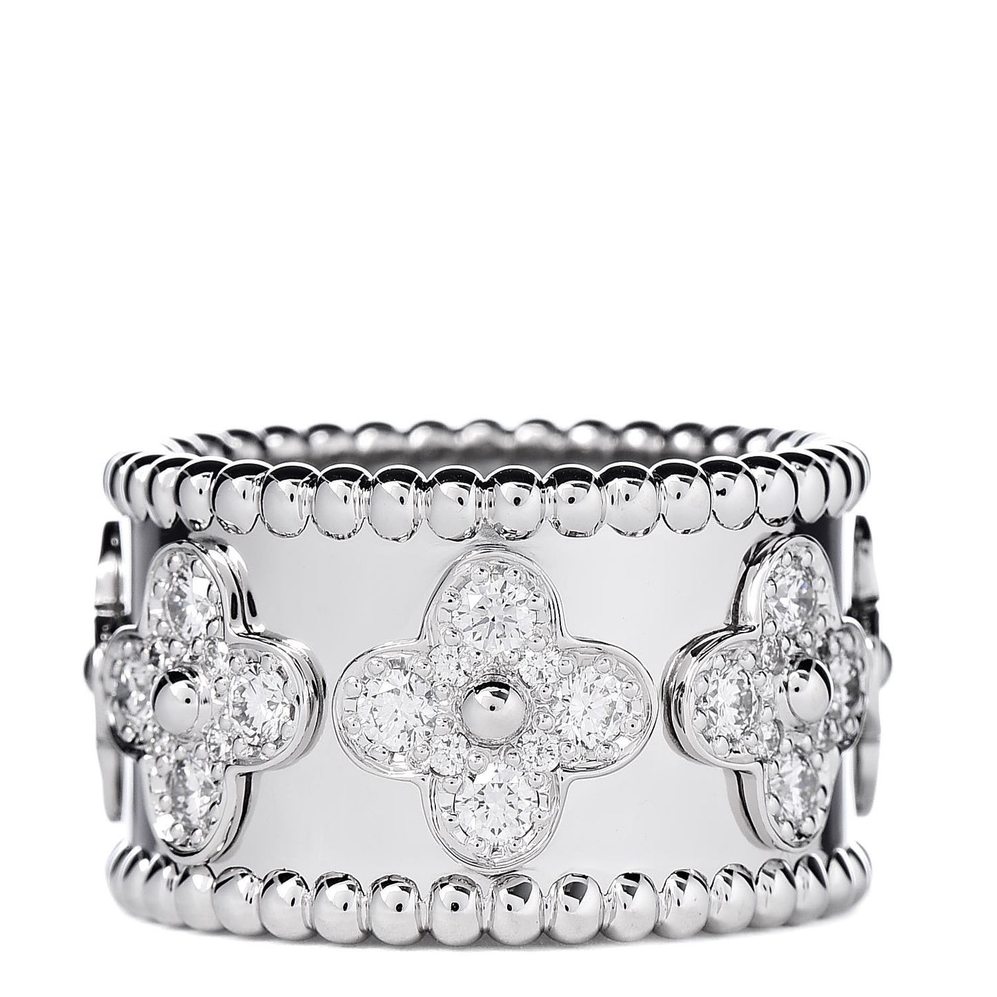 18K White Gold Diamond Perlee Clover Band Ring 53 6.5