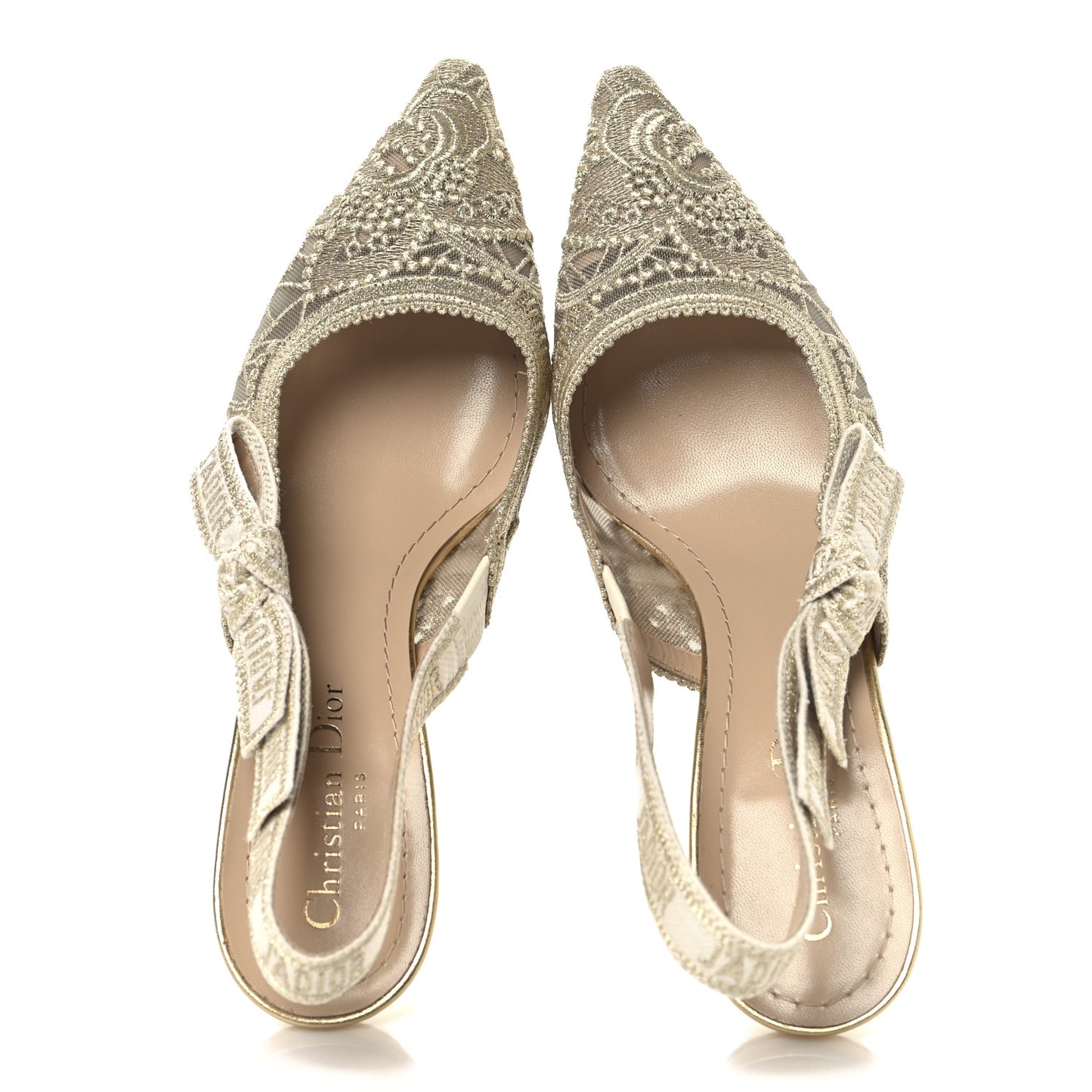 Transparent Metallic Embroidered Mesh Macrame Constantine Embroidered J'Adior Slingback 65mm Pumps 37.5 Pale Gold