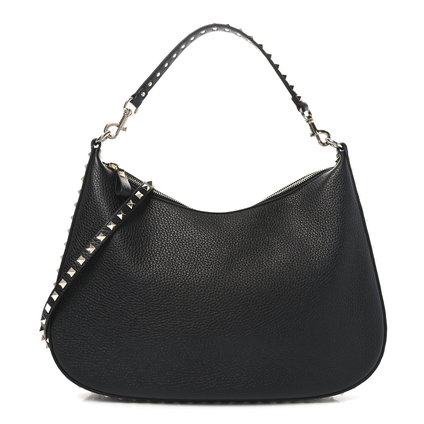 Grained Calfskin Rockstud Hobo Bag Black