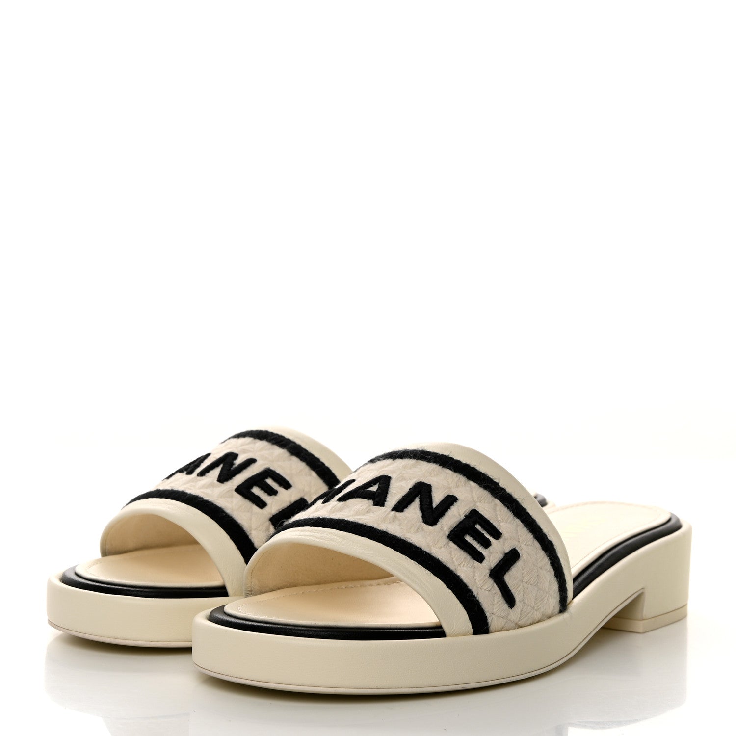 Chanel Lambskin Embroidered Logo Mules 37.5 Ivory Black 3 of 9