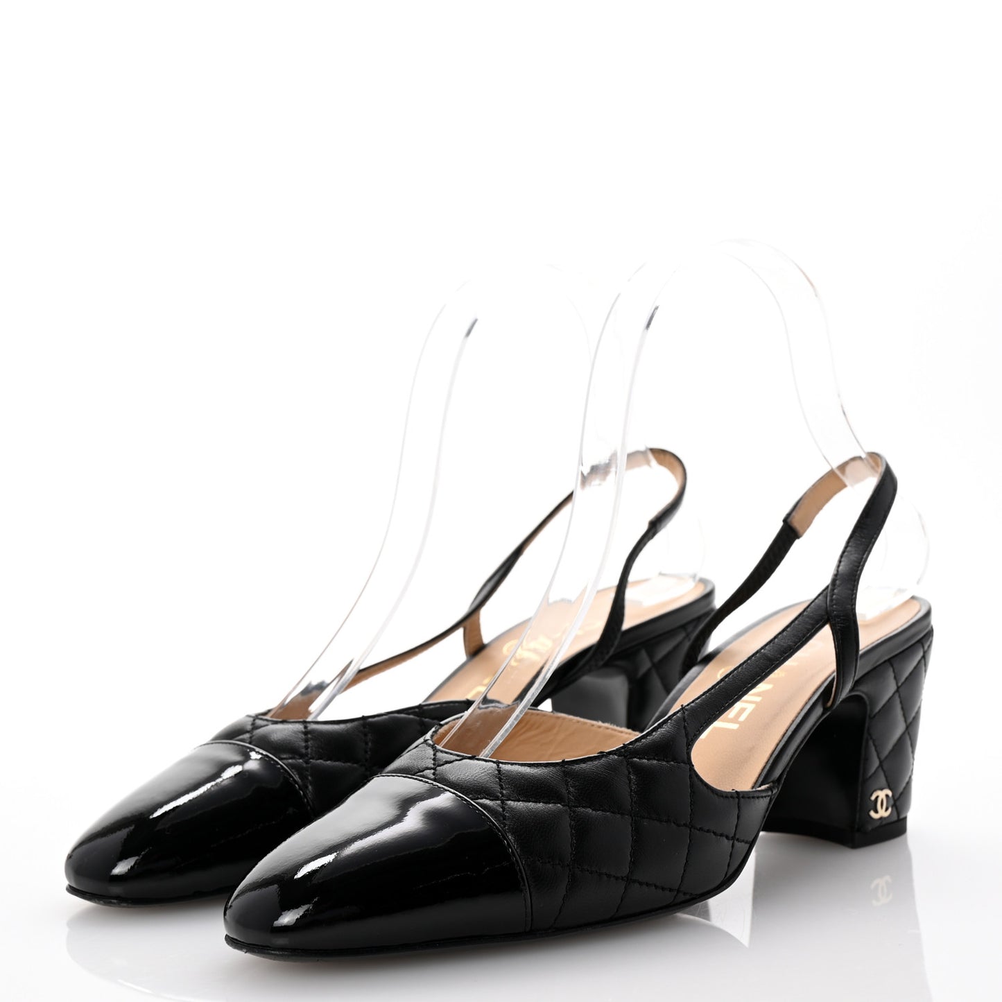Lambskin Patent Calfskin Quilted Cap Toe CC Slingback Pumps 37.5 Black