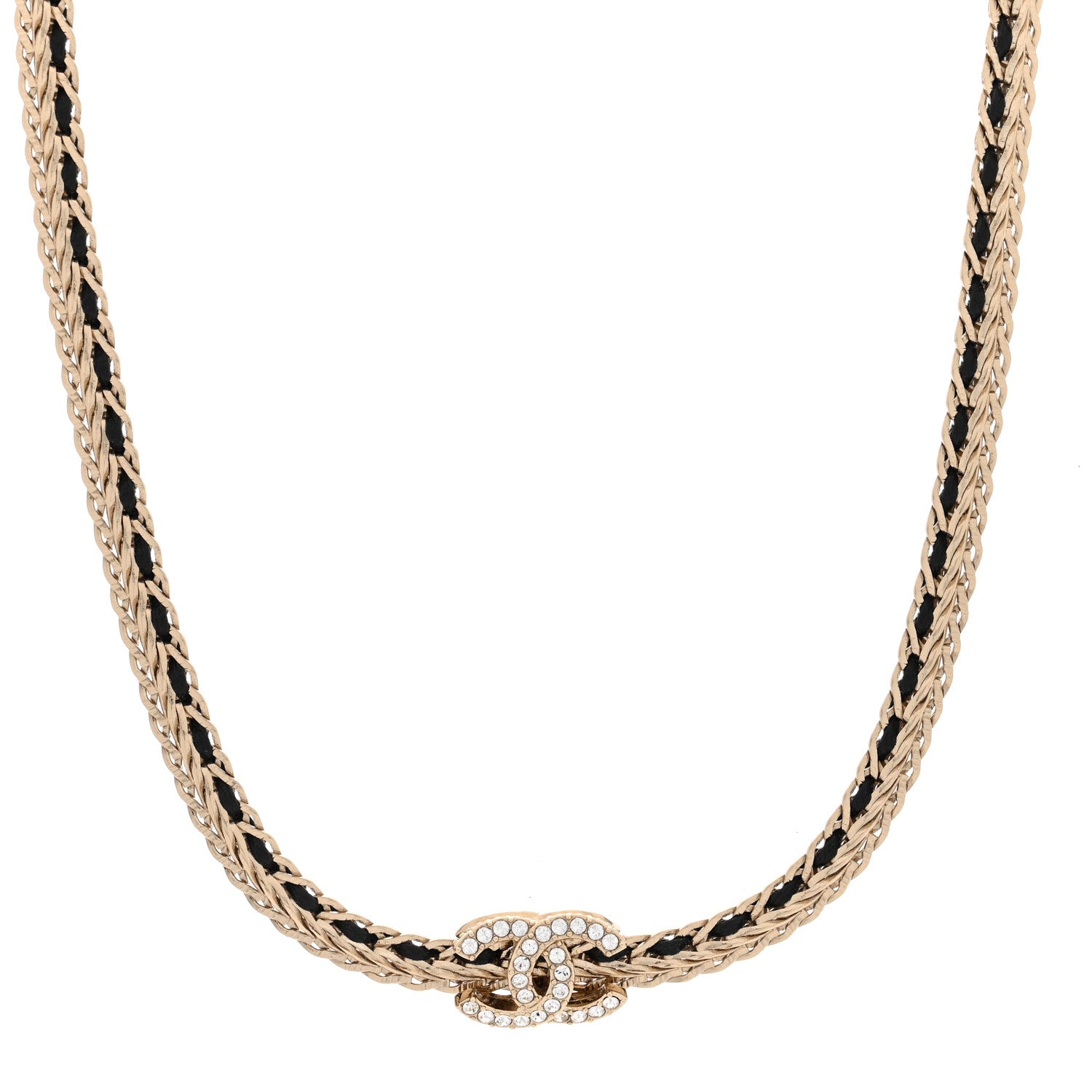 Chanel Metal Lambskin Crystal Chain CC Necklace Black Gold 1 of 5