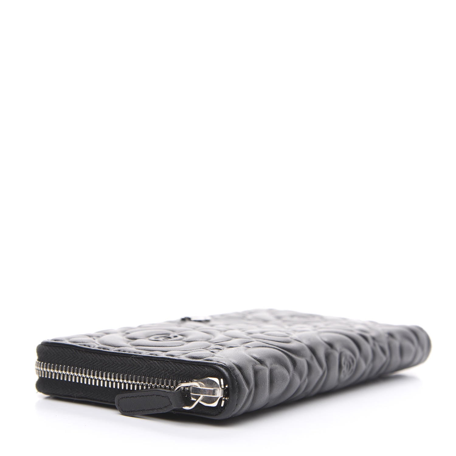 Chanel Lambskin Camellia Embossed Large Zip Around Gusset Wallet Black 3 of 11