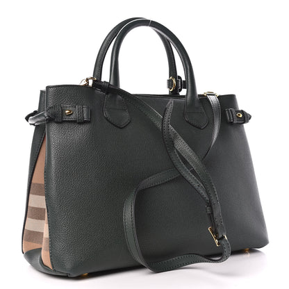 Burberry Derby Calfskin House Check Medium Banner Tote Black Dark Bottle Green 3 of 14