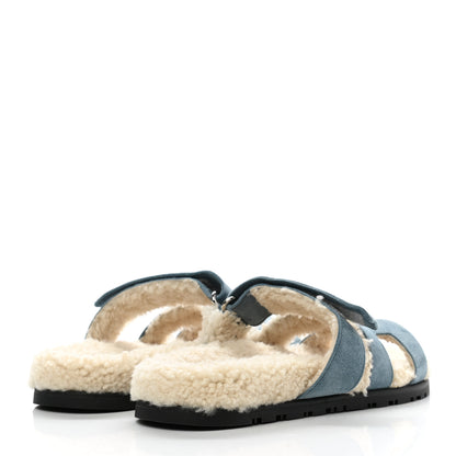 Hermes Suede Goatskin Woolskin Womens Chypre Sandals 36.5 Bleu Pinede Ecru 4 of 8