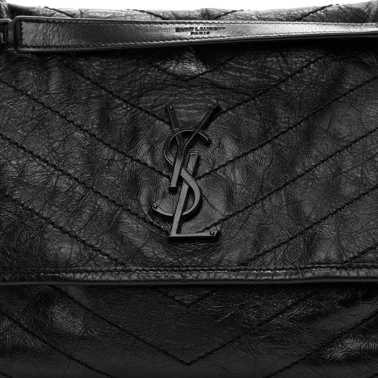 Crinkled Calfskin Matelasse Monogram Medium Niki Chain Satchel Black