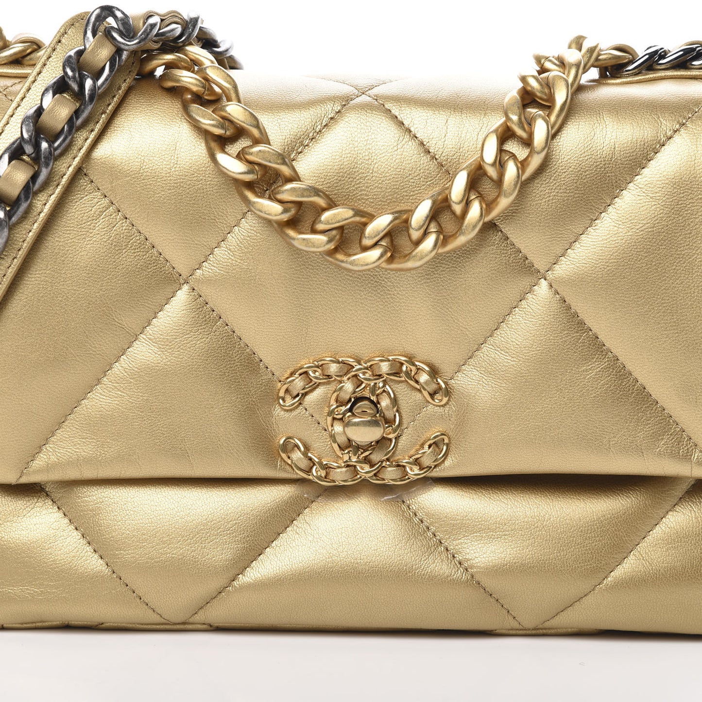 Metallic Goatskin Quilted Medium 19 Flap Gold
