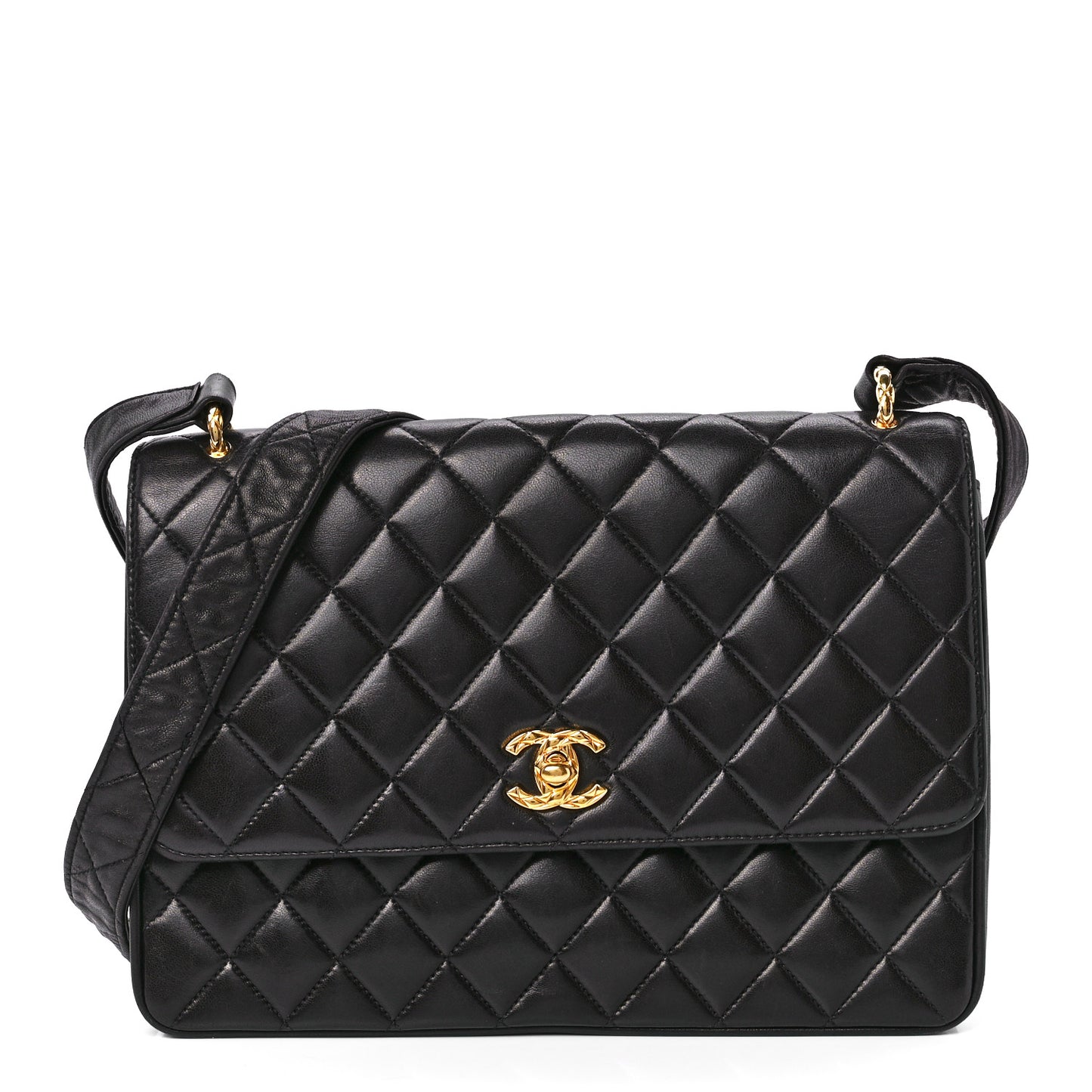 Lambskin Quilted Single Flap Shoulder Bag Black