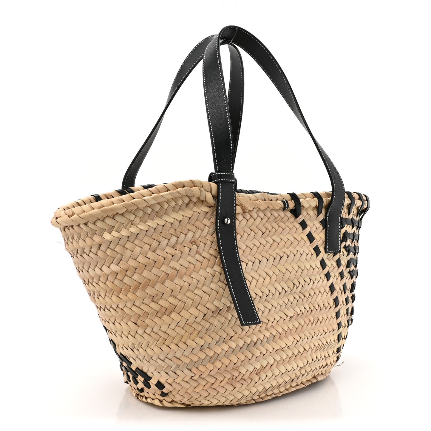 Raffia Calfskin Woven Basket Tote Bag Natural Black