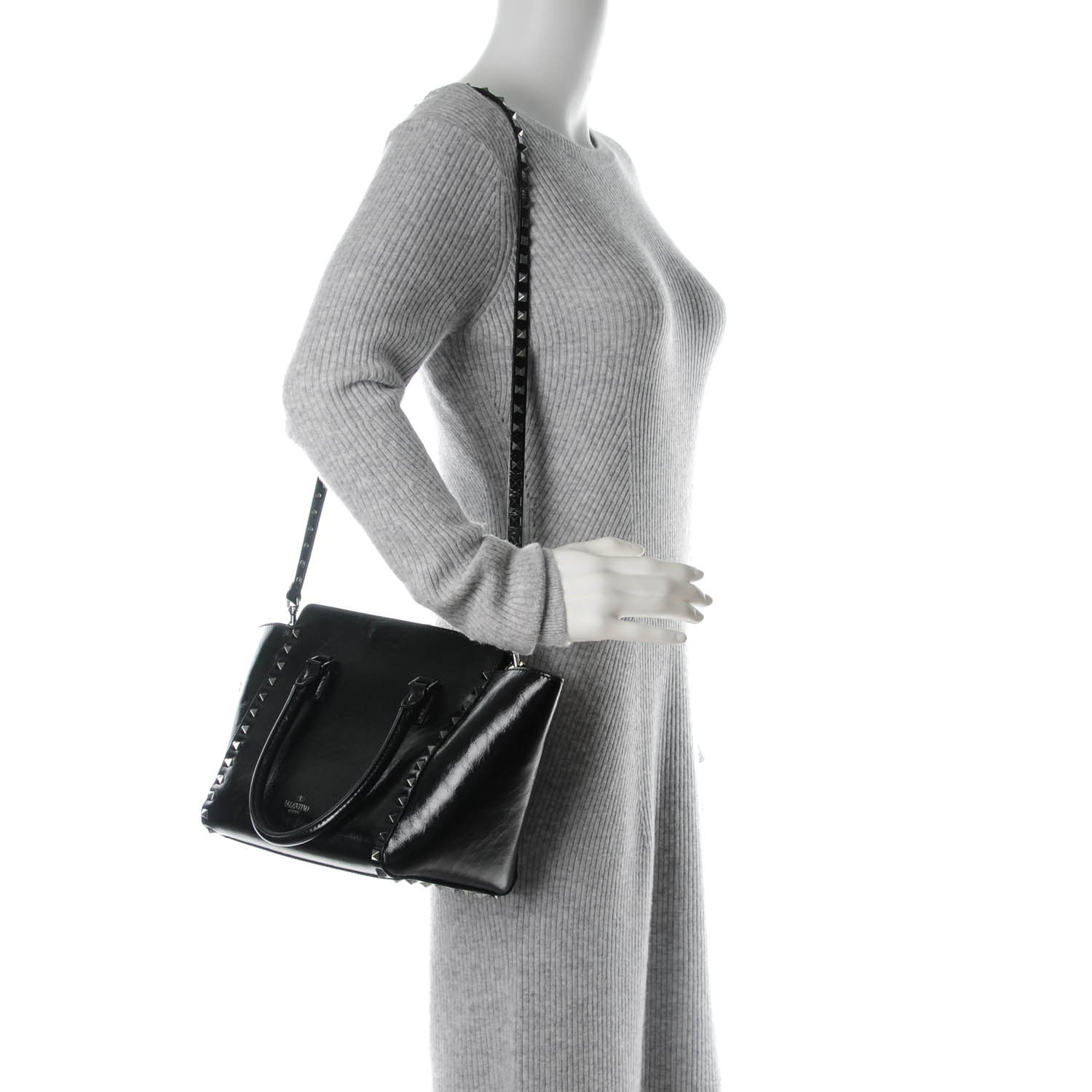 Valentino Garavani Craquele Calfskin Small Rockstud Double Handle Tote Black 2 of 7