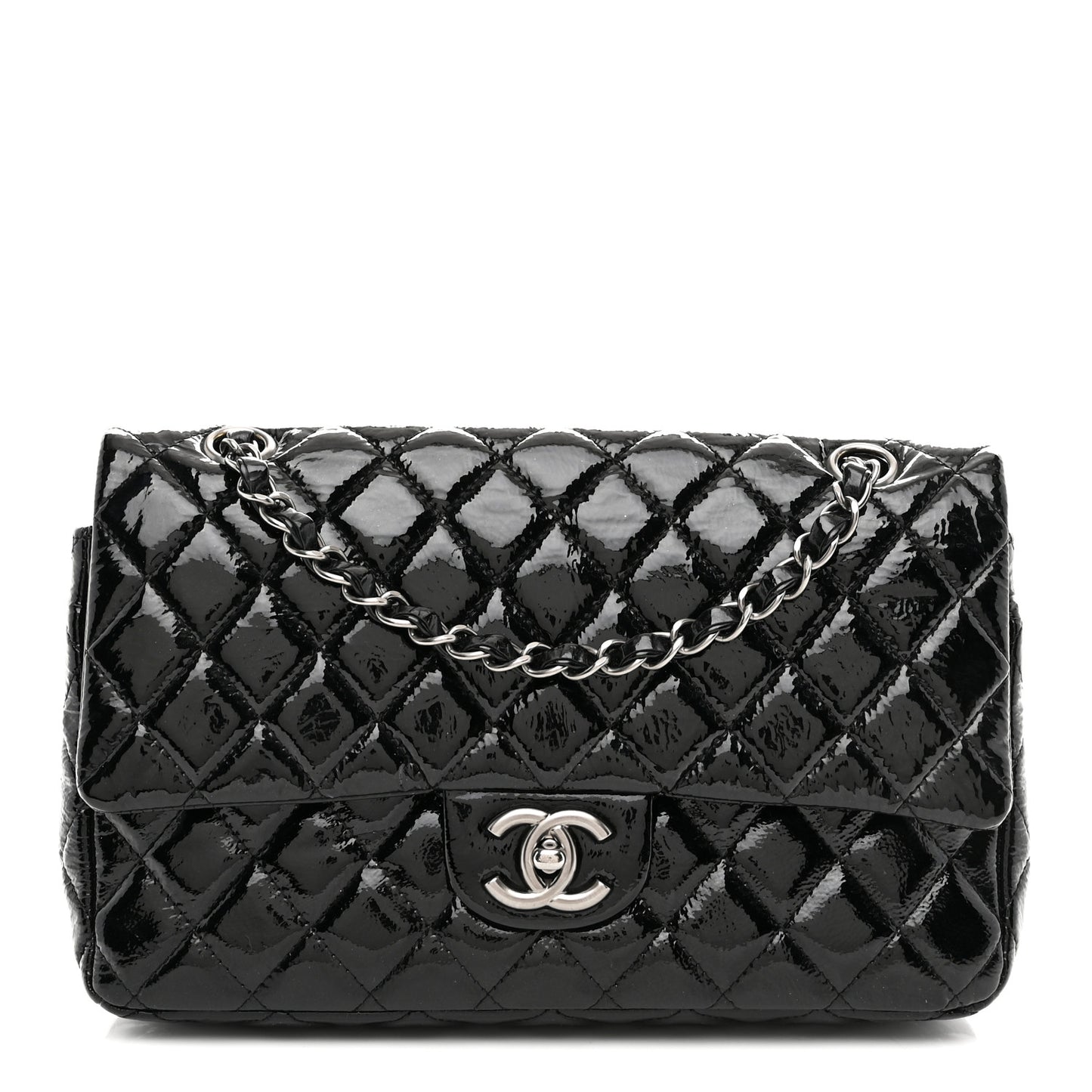 Distressed Patent Quilted Medium Double Flap Black
