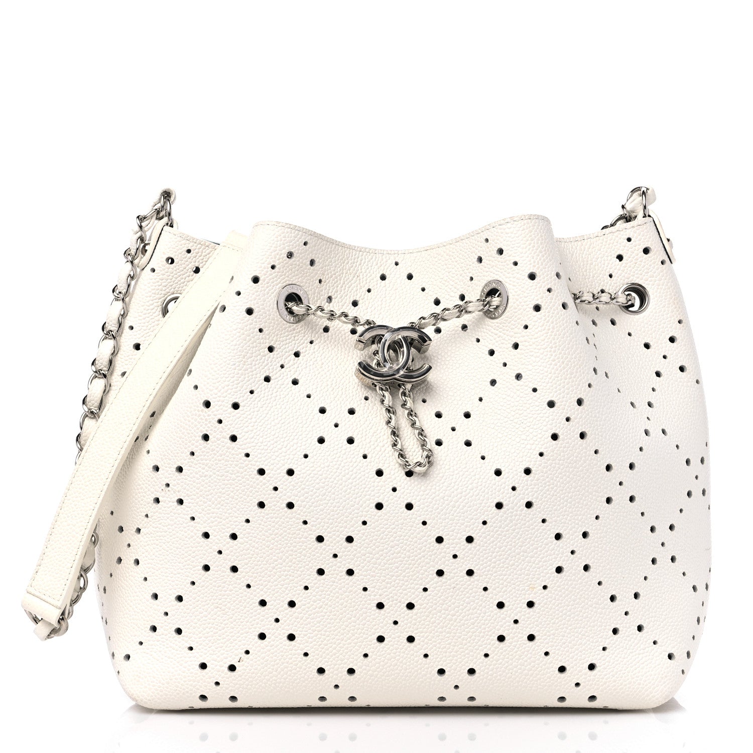 Chanel Caviar Perforated Drawstring CC Bag White 3 of 11