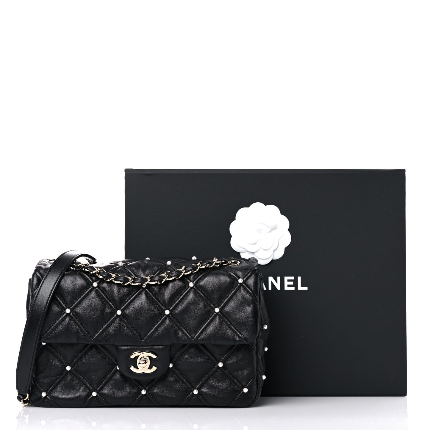 Lambskin Quilted Pearl Studded Flap Black