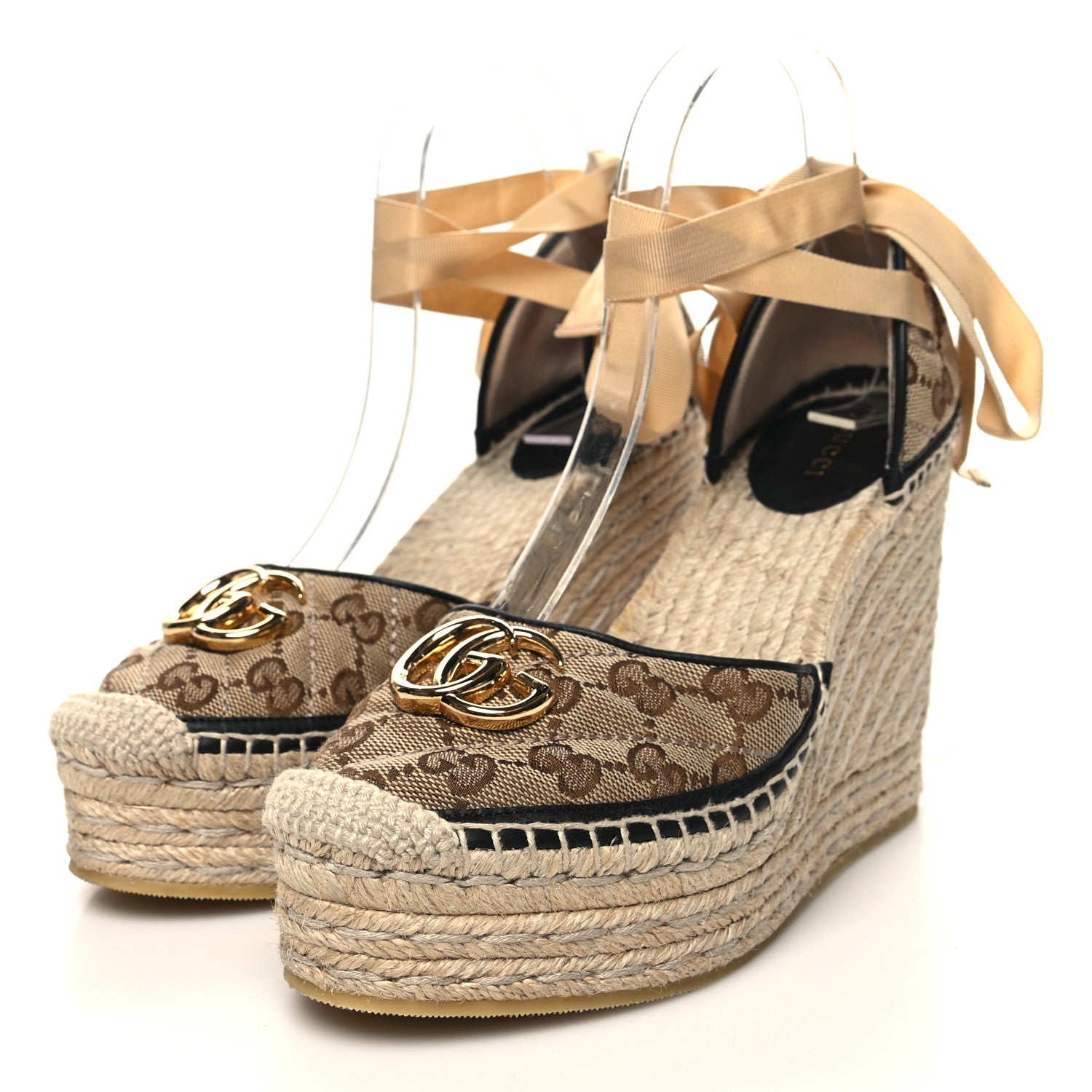 Gucci Monogram Matelasse GG Marmont Ankle Wrap Platform 35/120mm Espadrille Wedges 38.5 Beige Ebony Black Sand Storm 3 of 9