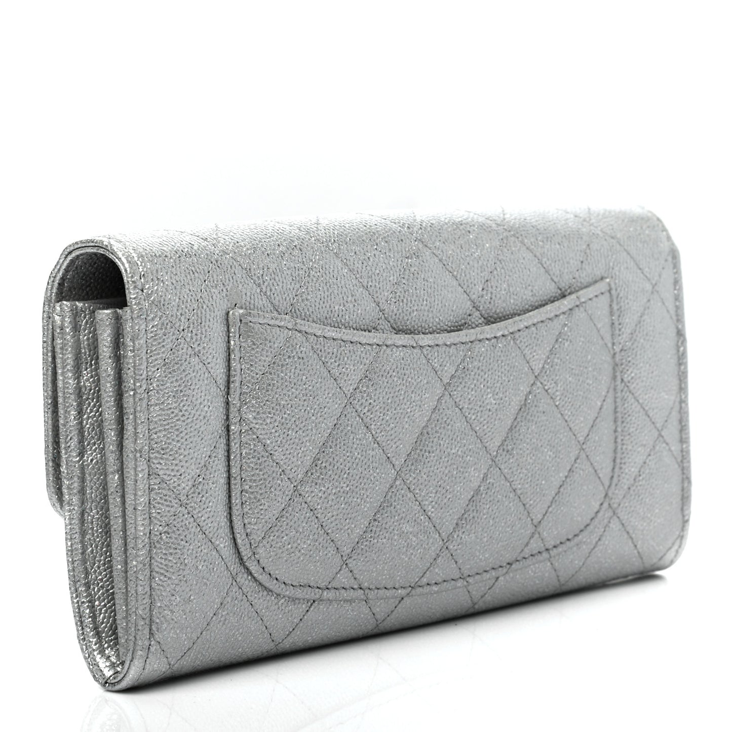 Glittered Metallic Caviar Quilted Large Flap Wallet Silver