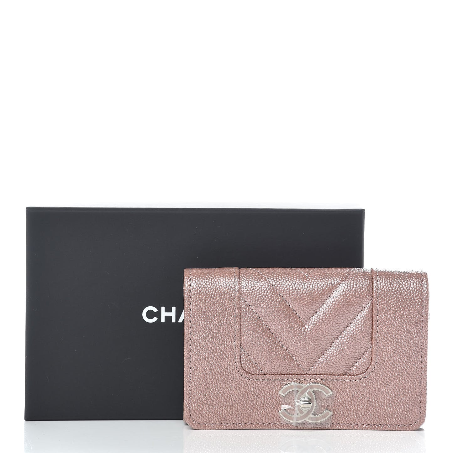 Metallic Caviar Chevron Quilted Vintage Mademoiselle Card Holder Pink