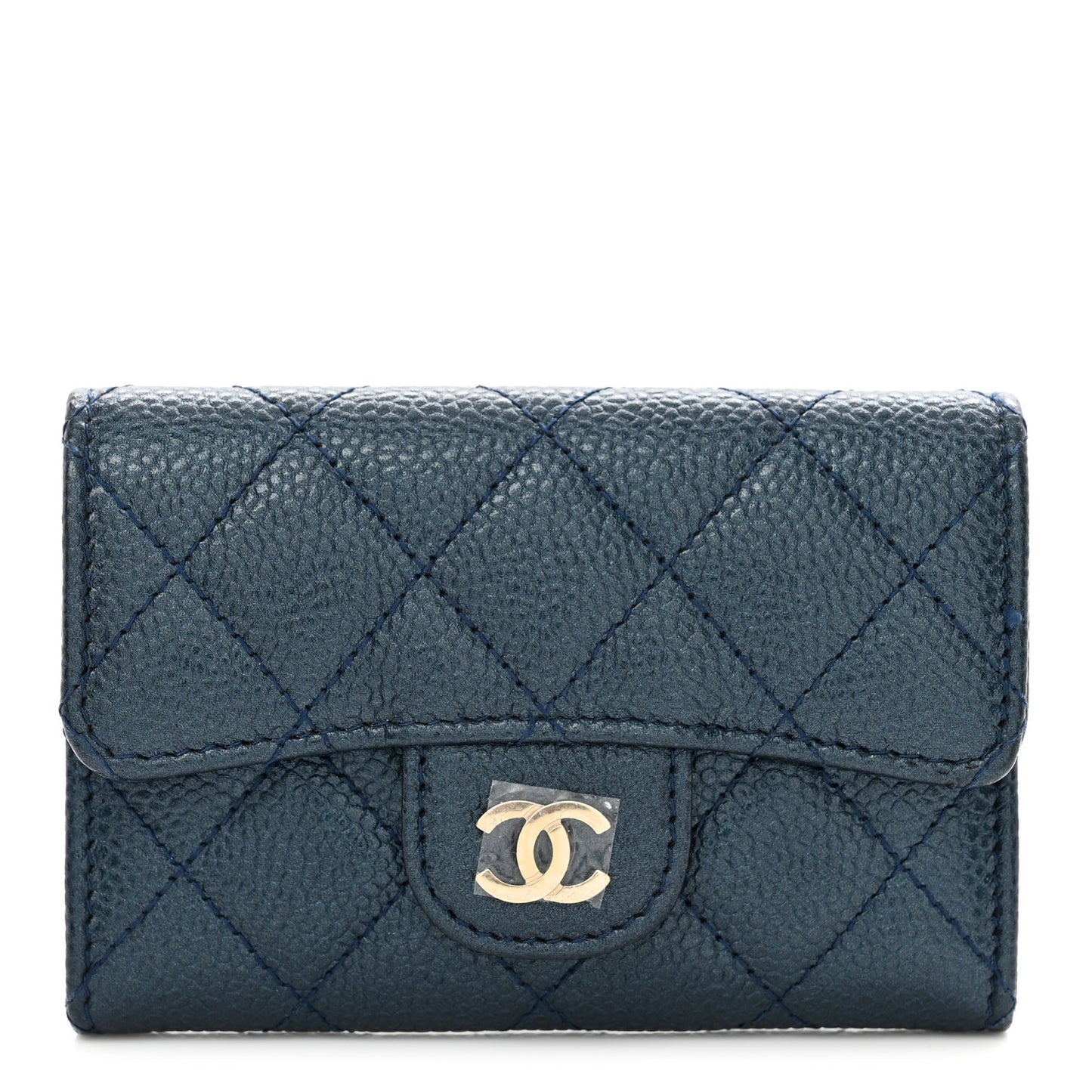 Metallic Caviar Quilted Flap Card Holder Wallet Dark Blue