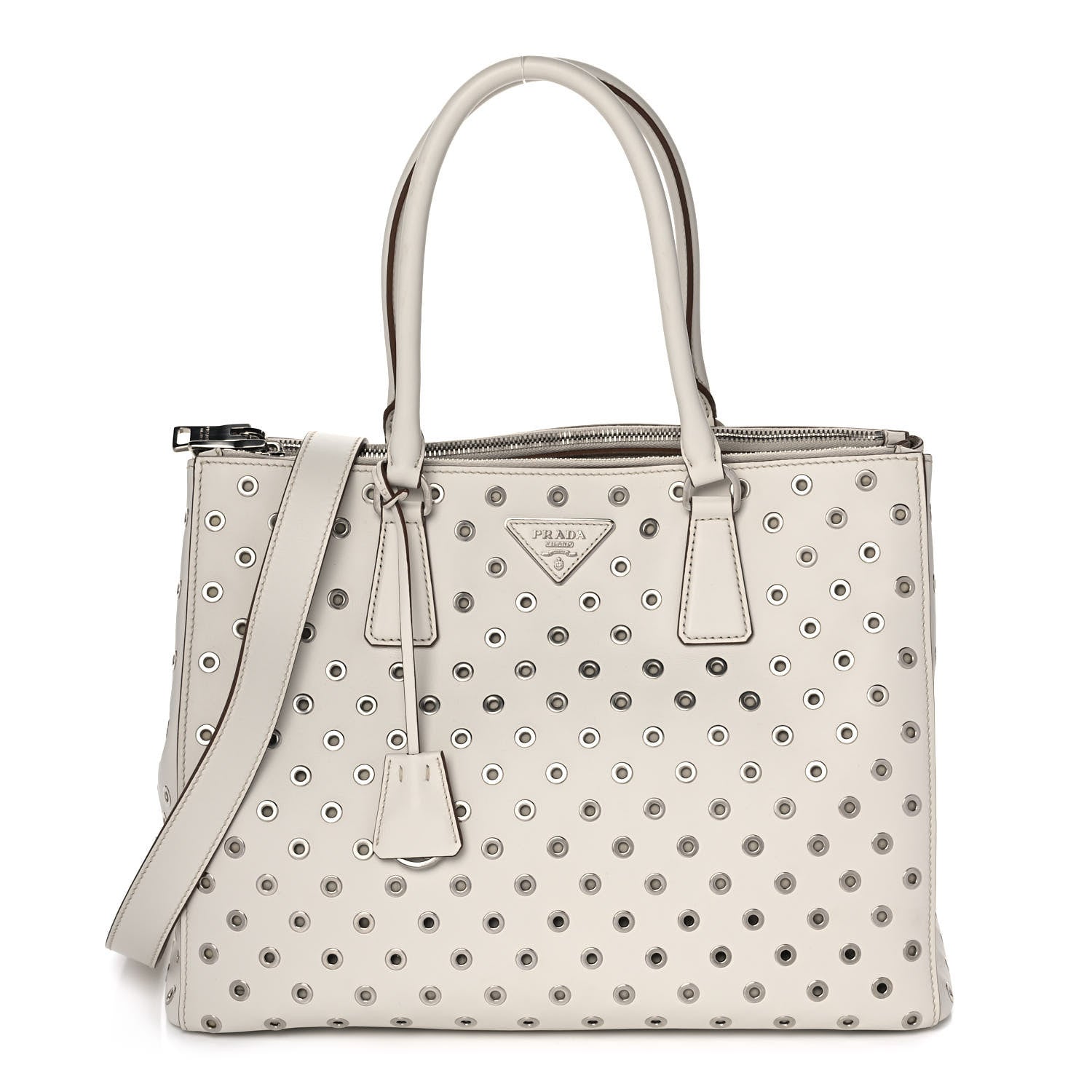 Prada City Calf Grommet Large Double Zip Tote Talco 1 of 15