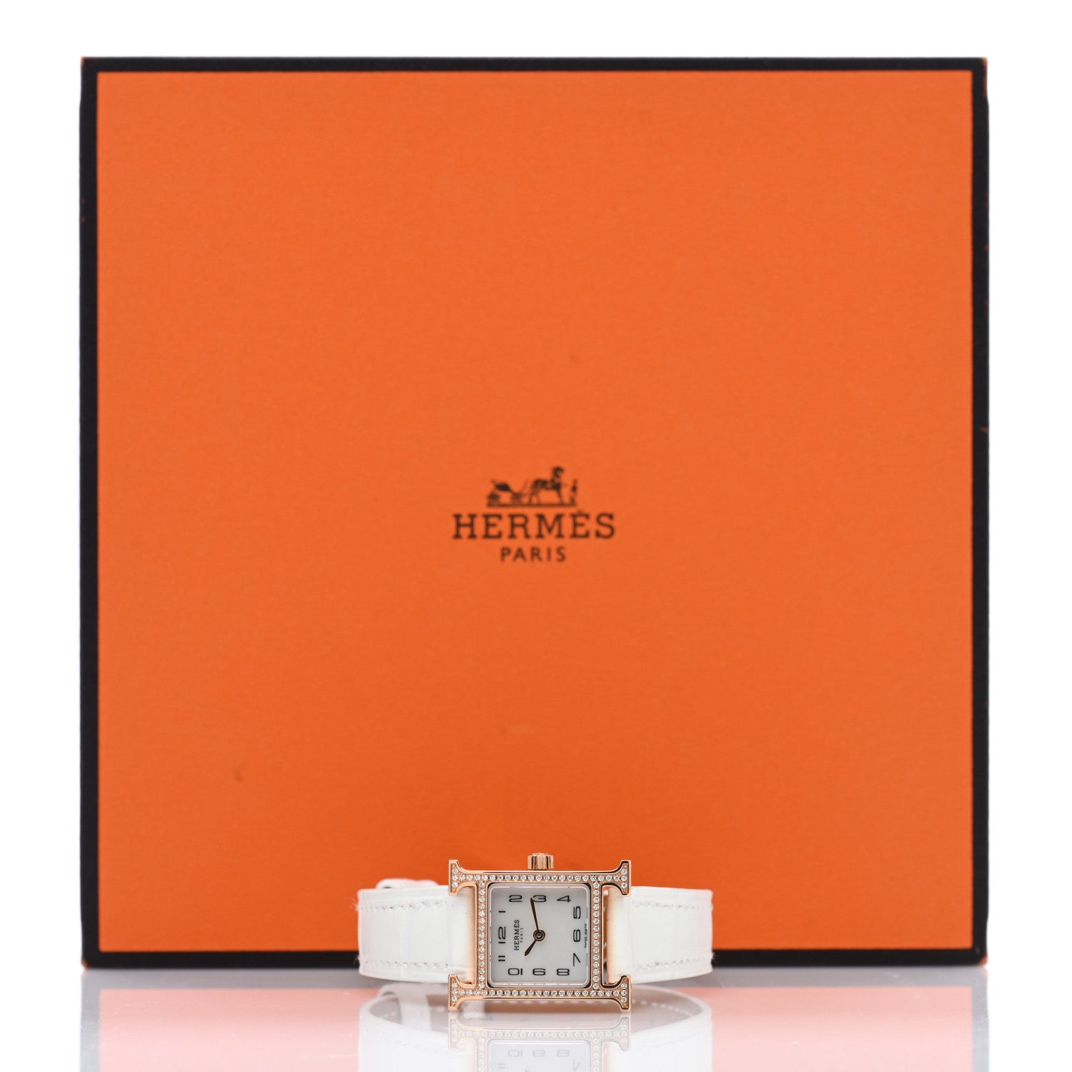 Hermes 18K Rose Gold Alligator Diamond Bezel Mother of Pearl 17.2mm Heure H Hour Quartz Watch Blanc 5 of 5