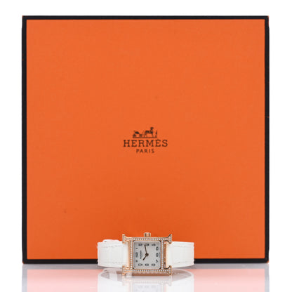 Hermes 18K Rose Gold Alligator Diamond Bezel Mother of Pearl 17.2mm Heure H Hour Quartz Watch Blanc 5 of 5