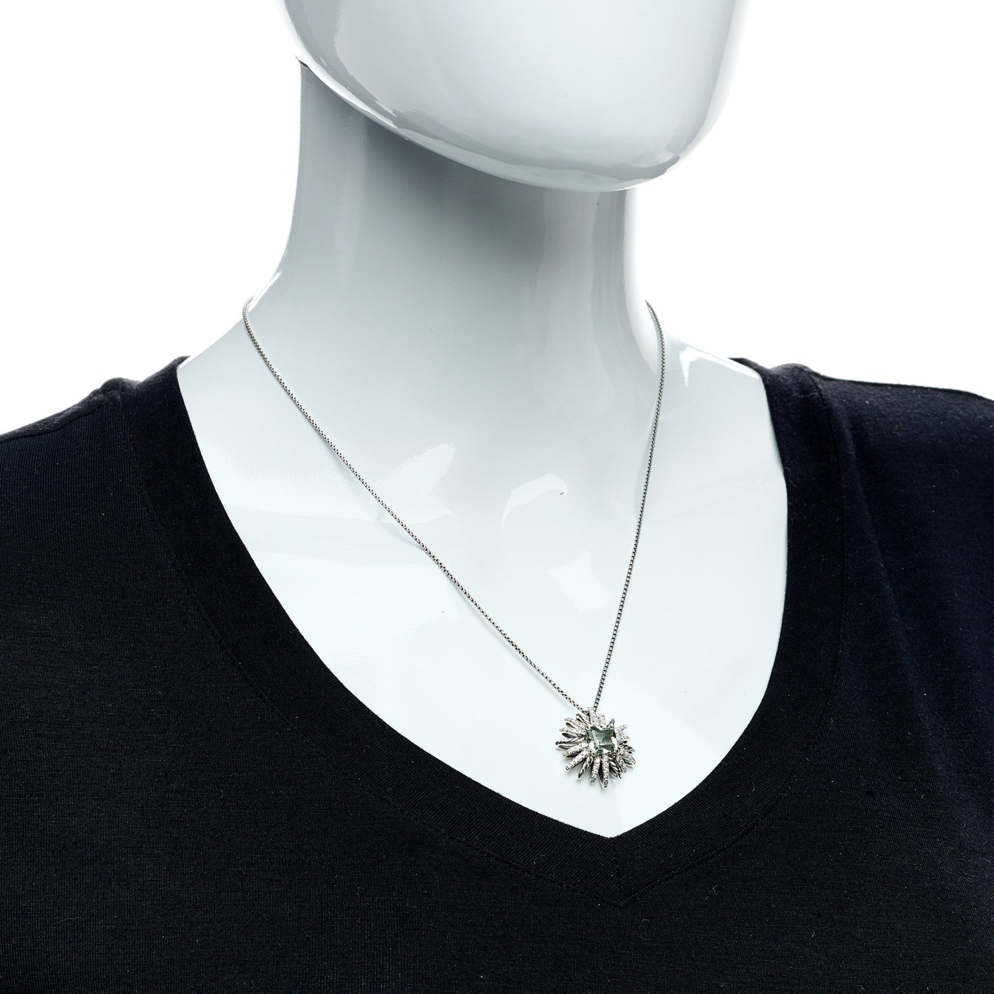Sterling Silver Diamond Prasiolite 23mm Starburst Pendant Necklace