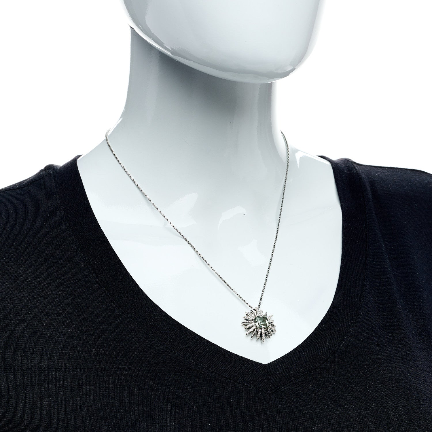 David Yurman Sterling Silver Diamond Prasiolite 23mm Starburst Pendant Necklace 7 of 8
