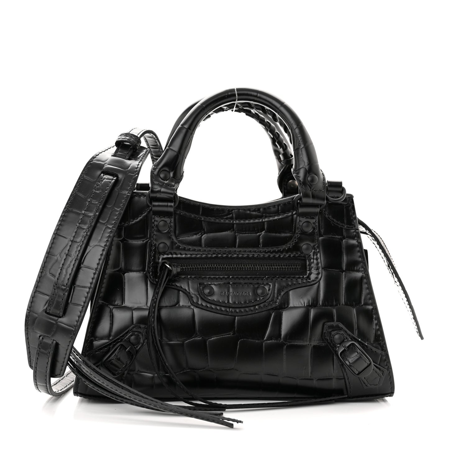 Semi Shiny Calfskin Crocodile Embossed Neo Classic Black Hardware Mini City Black