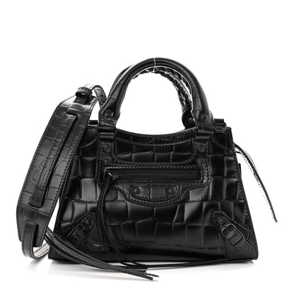 Balenciaga Semi Shiny Calfskin Crocodile Embossed Neo Classic Black Hardware Mini City Black 1 of 10