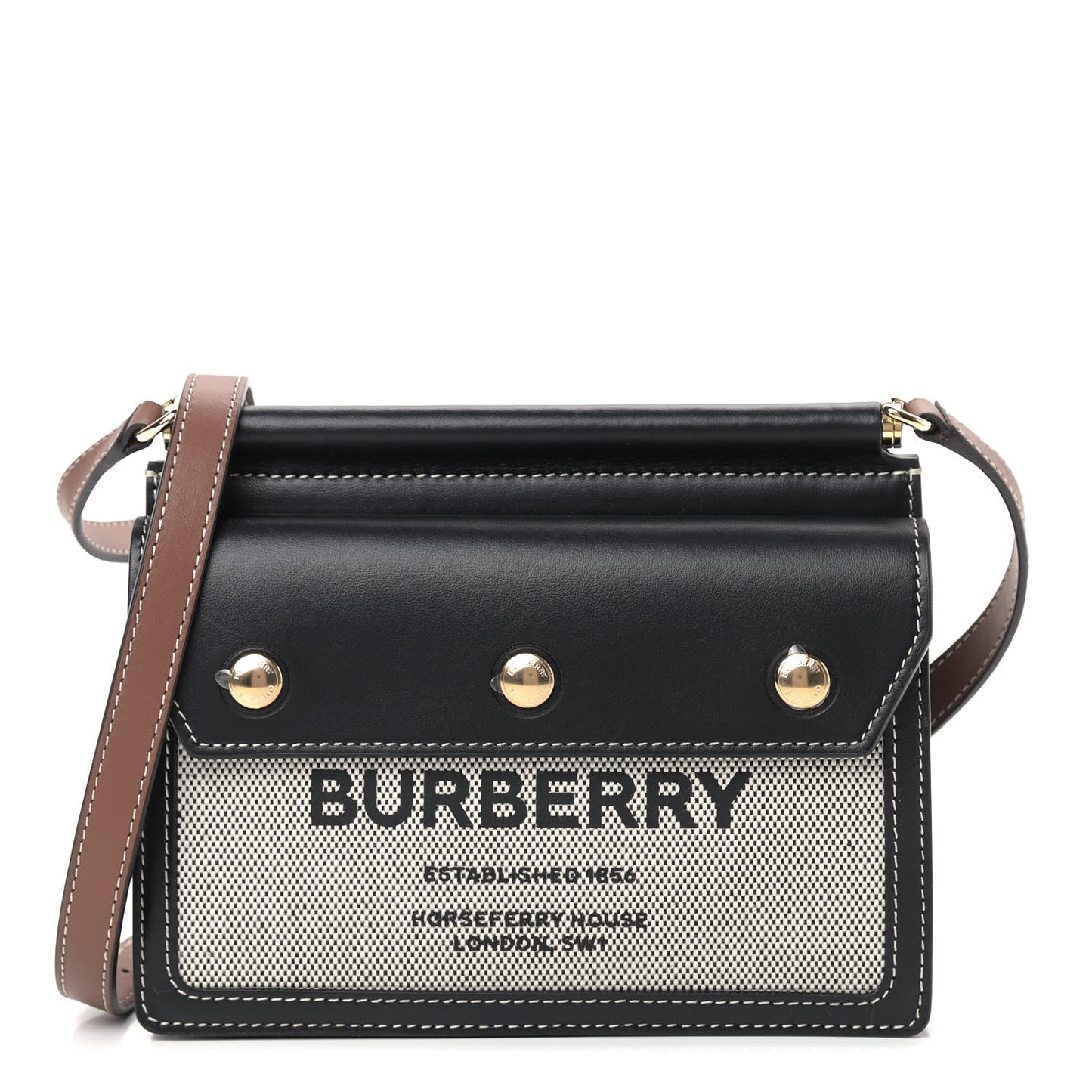 Smooth Calfskin Canvas Horseferry Print Mini Title Bag with Pocket Black Tan