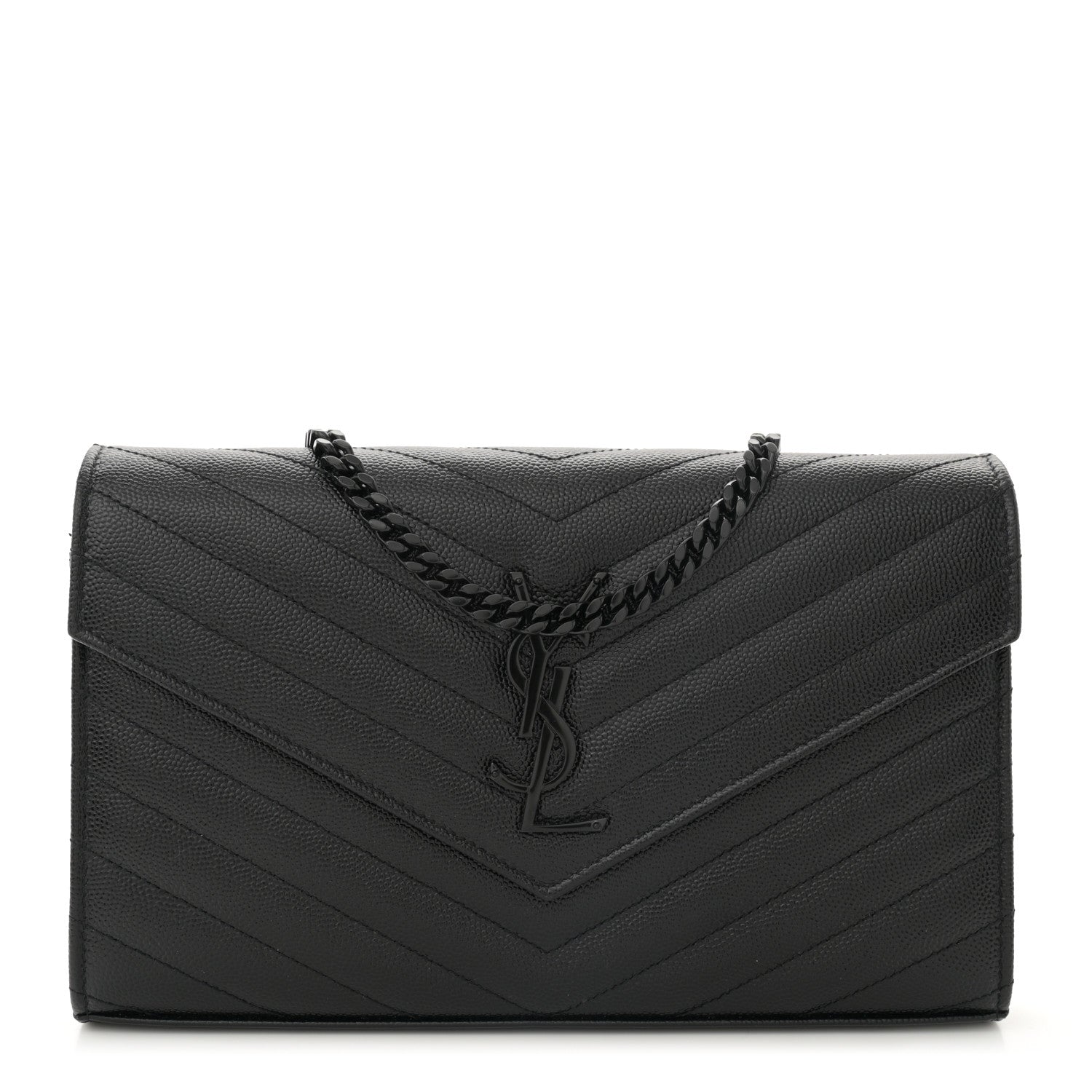 Saint Laurent Grain De Poudre Matelasse Chevron Monogram Monochrome Chain Wallet Black 1 of 11