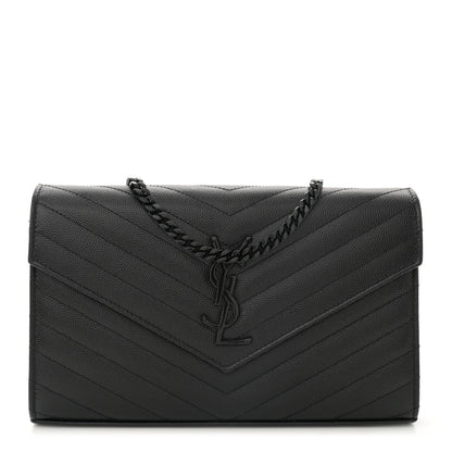 Saint Laurent Grain De Poudre Matelasse Chevron Monogram Monochrome Chain Wallet Black 1 of 11
