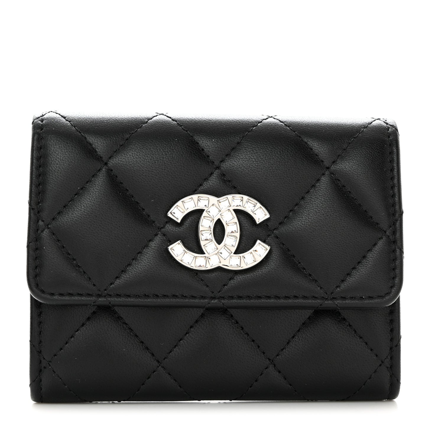 Lambskin Quilted Flap Baguette Crystal Card Holder Wallet Black