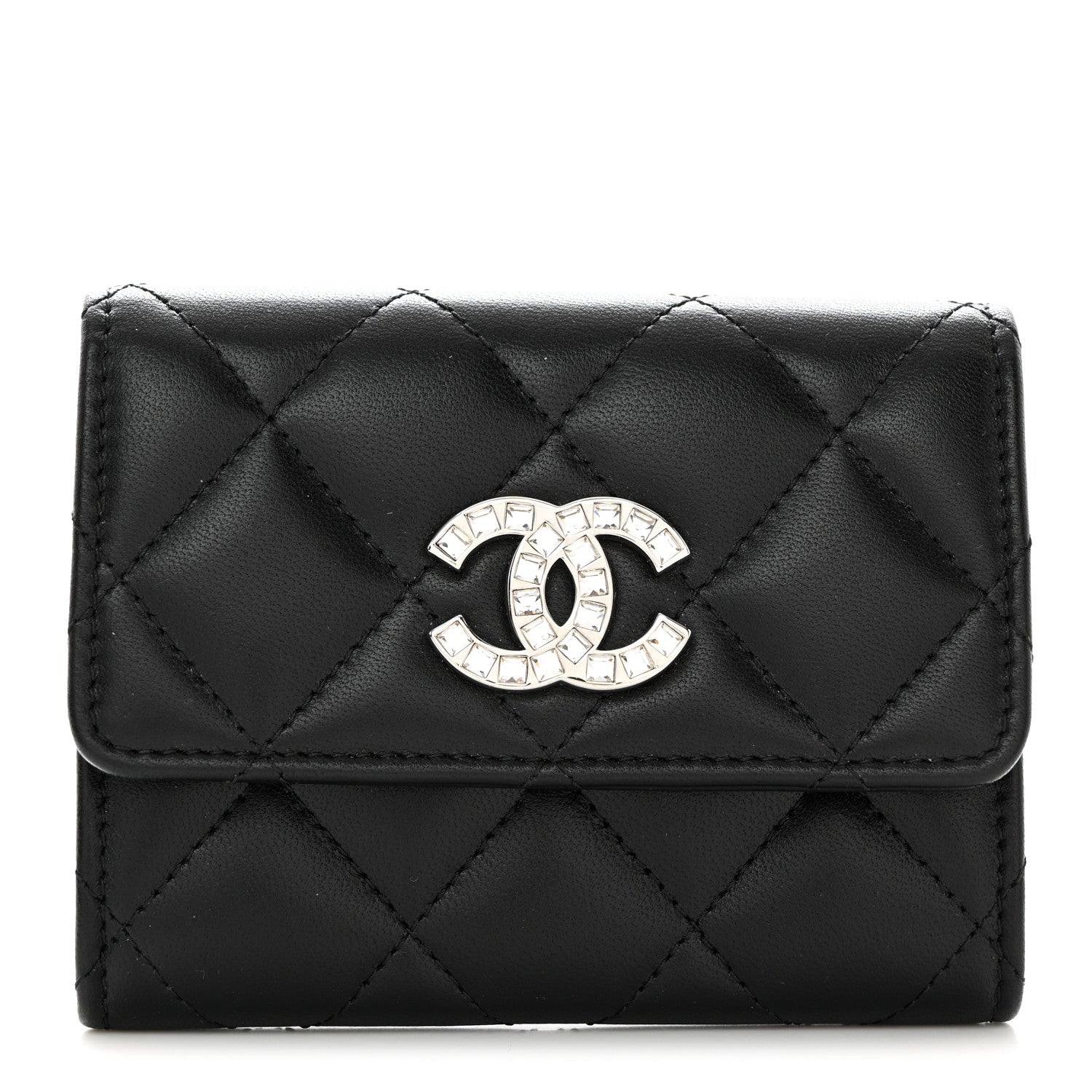 Chanel Lambskin Quilted Flap Baguette Crystal Card Holder Wallet Black 1 of 9